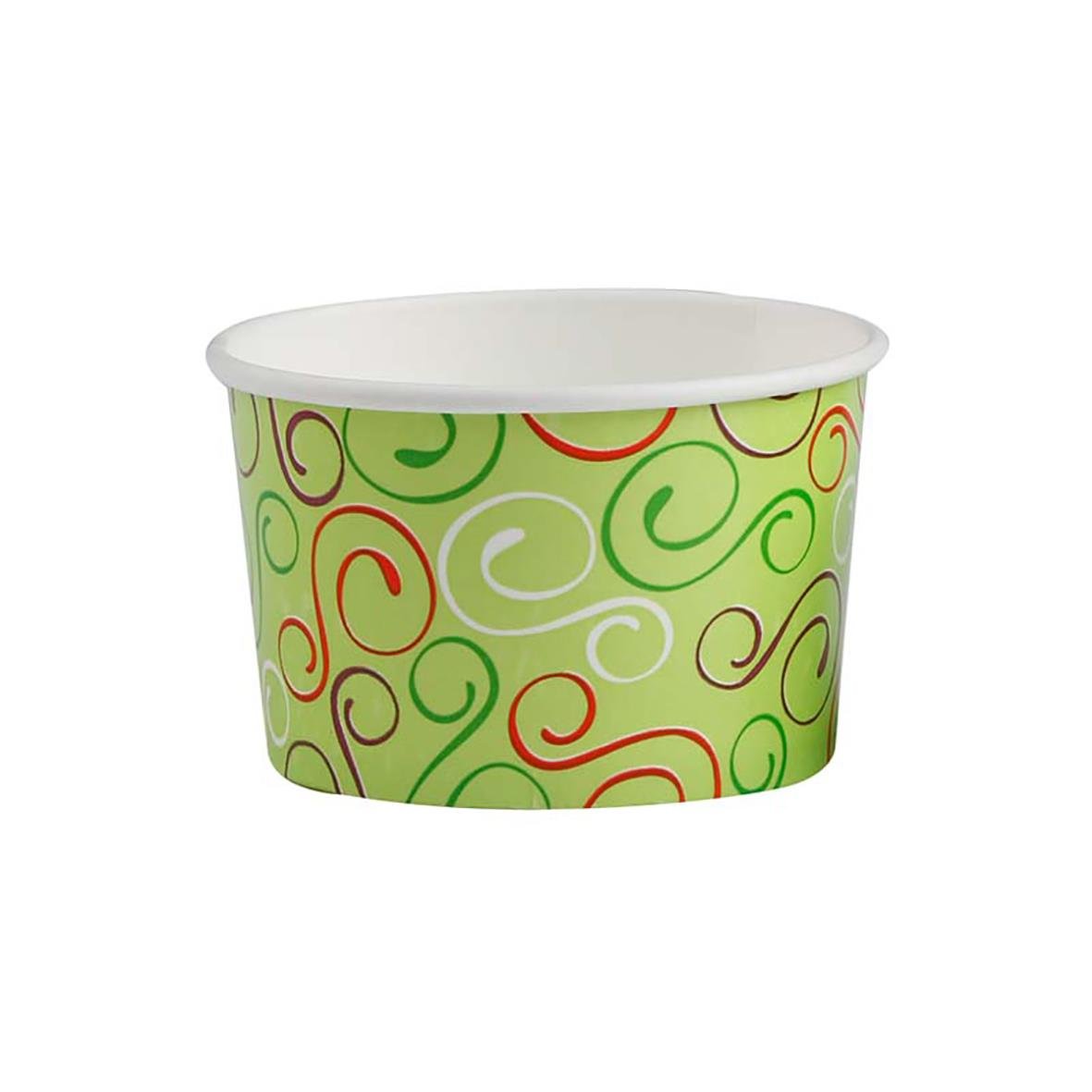 Dekorativ glassbägare med gröna, röda och vita spiralmönster, 230 ml