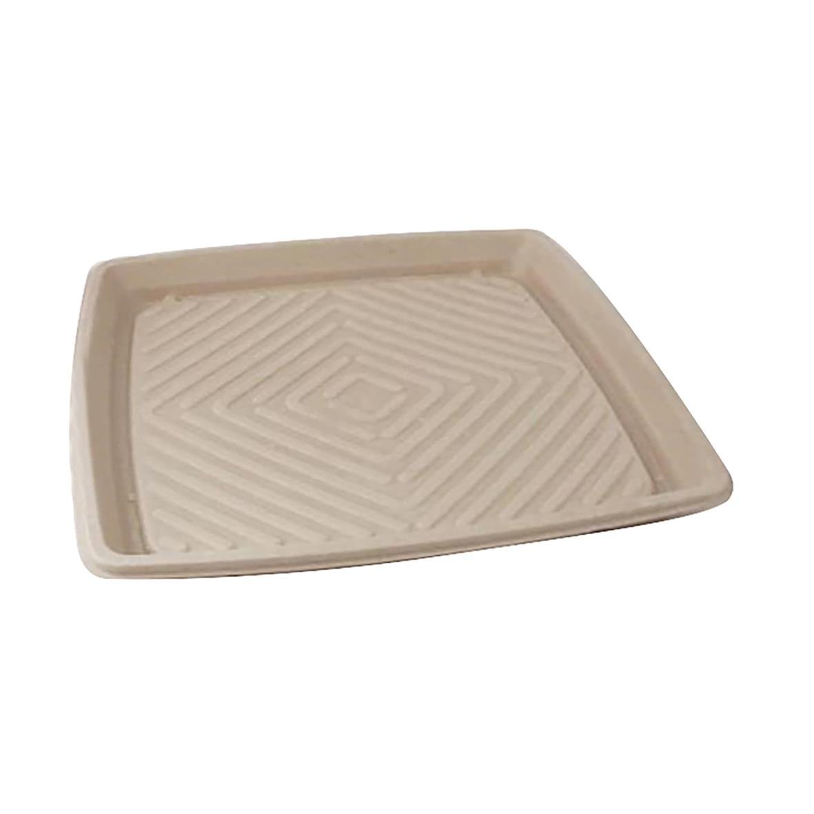 Fyrkantigt uppläggningsfat av bagasse med räfflad yta, mått 310x310x30mm