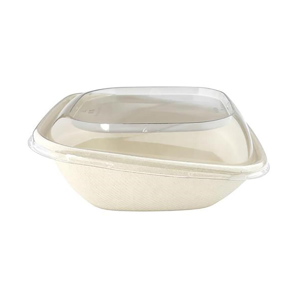 Lutande salladsskål i brun bagasse med transparent lock, 750ml