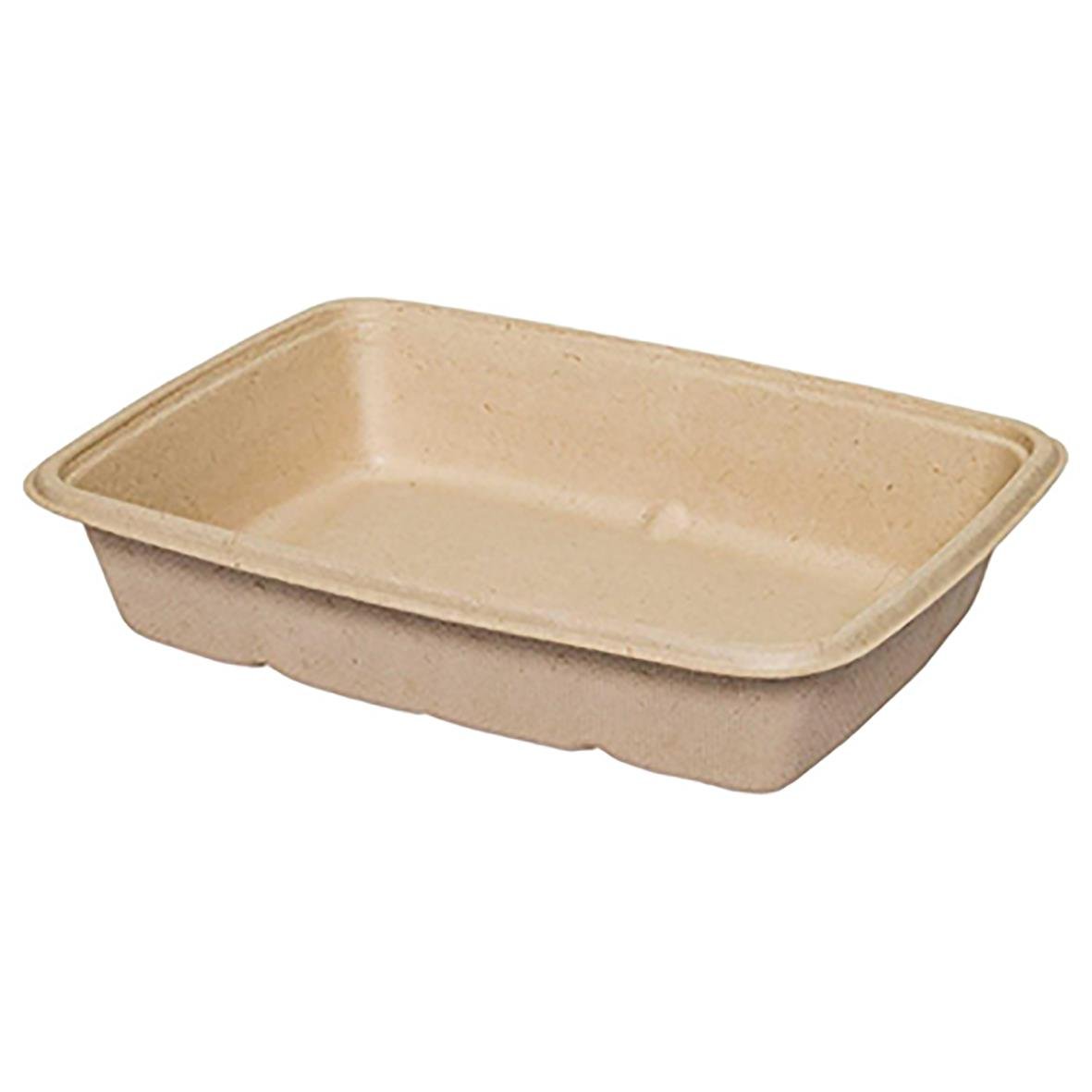 Brun salladsskål av bagasse i rektangulär form, 230x160x50mm, 950ml kapacitet