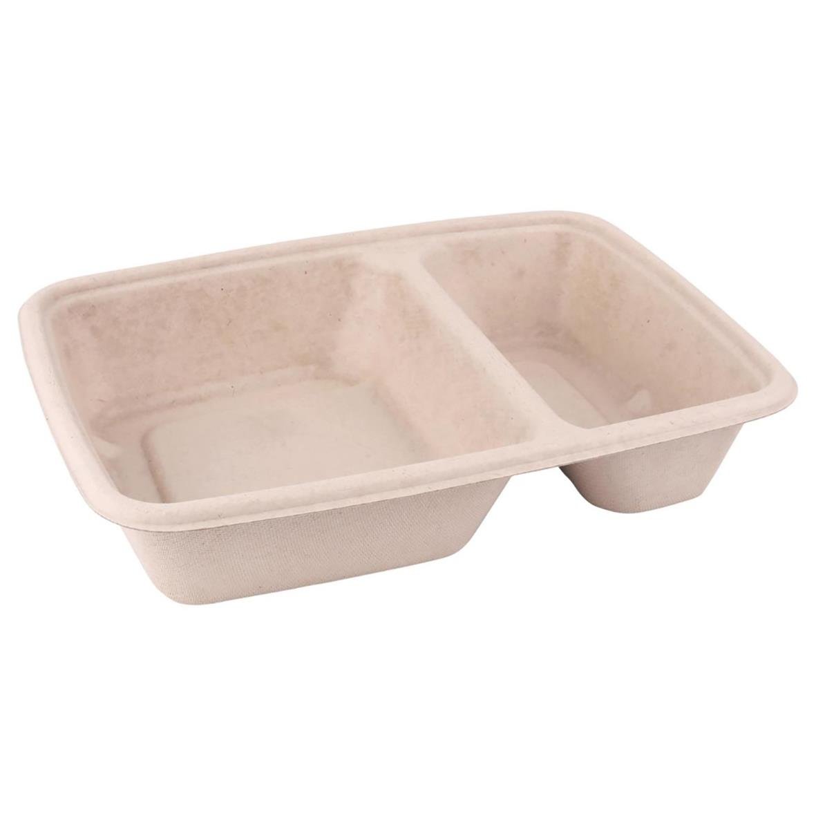 Rektangulär bagasseform med två fack, 550/250ml, naturfärgad