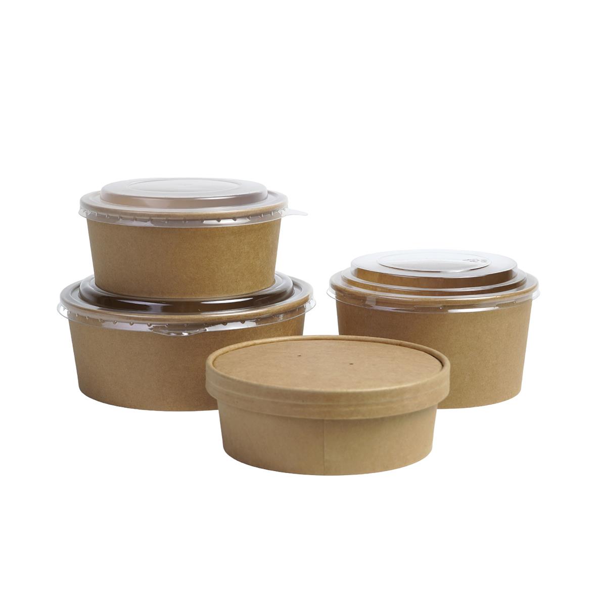 Bruna salladsskålar i kartong med plastlock, olika storlekar, 1300ml