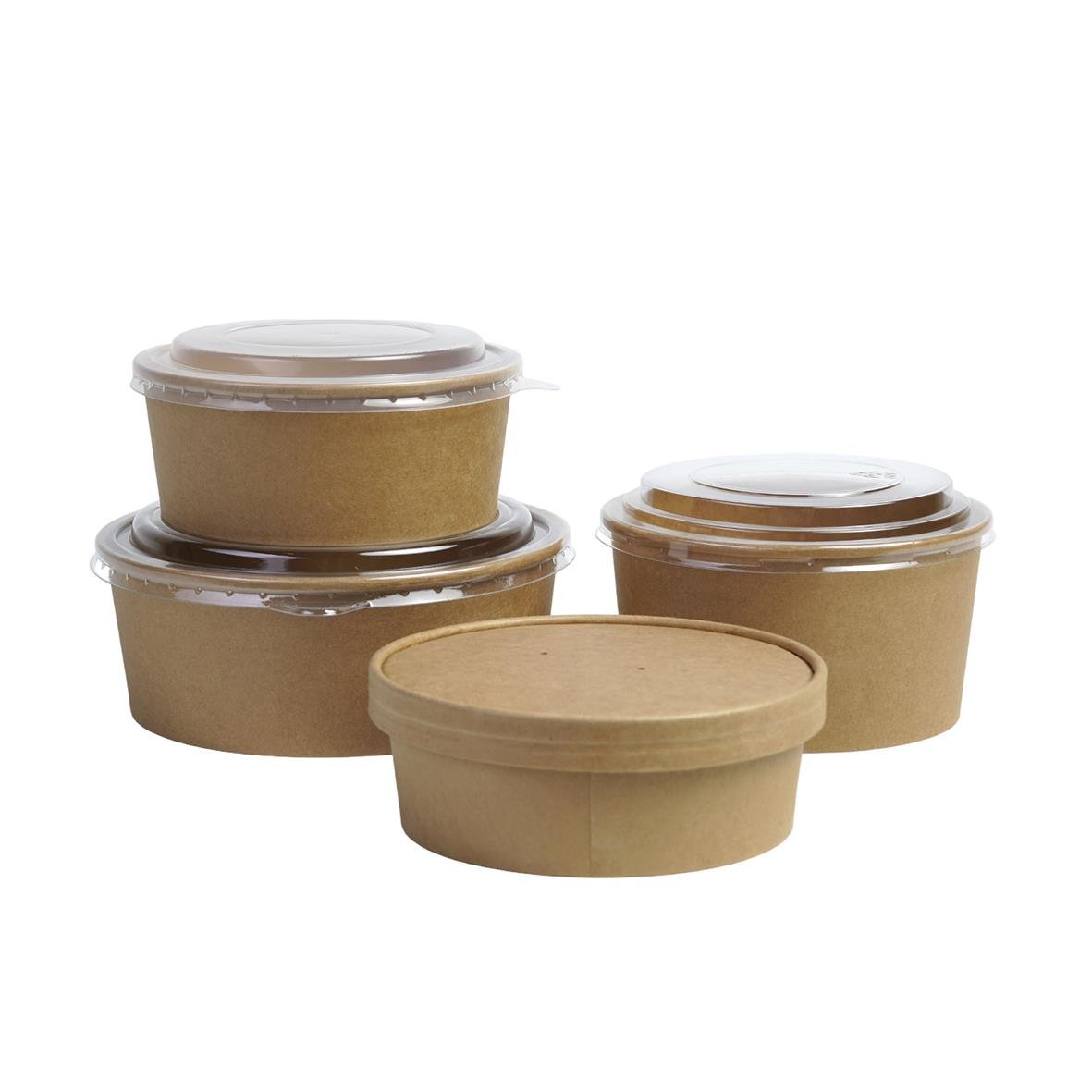 Bruna salladsskålar i kartong med plastlock, olika storlekar, 1000ml