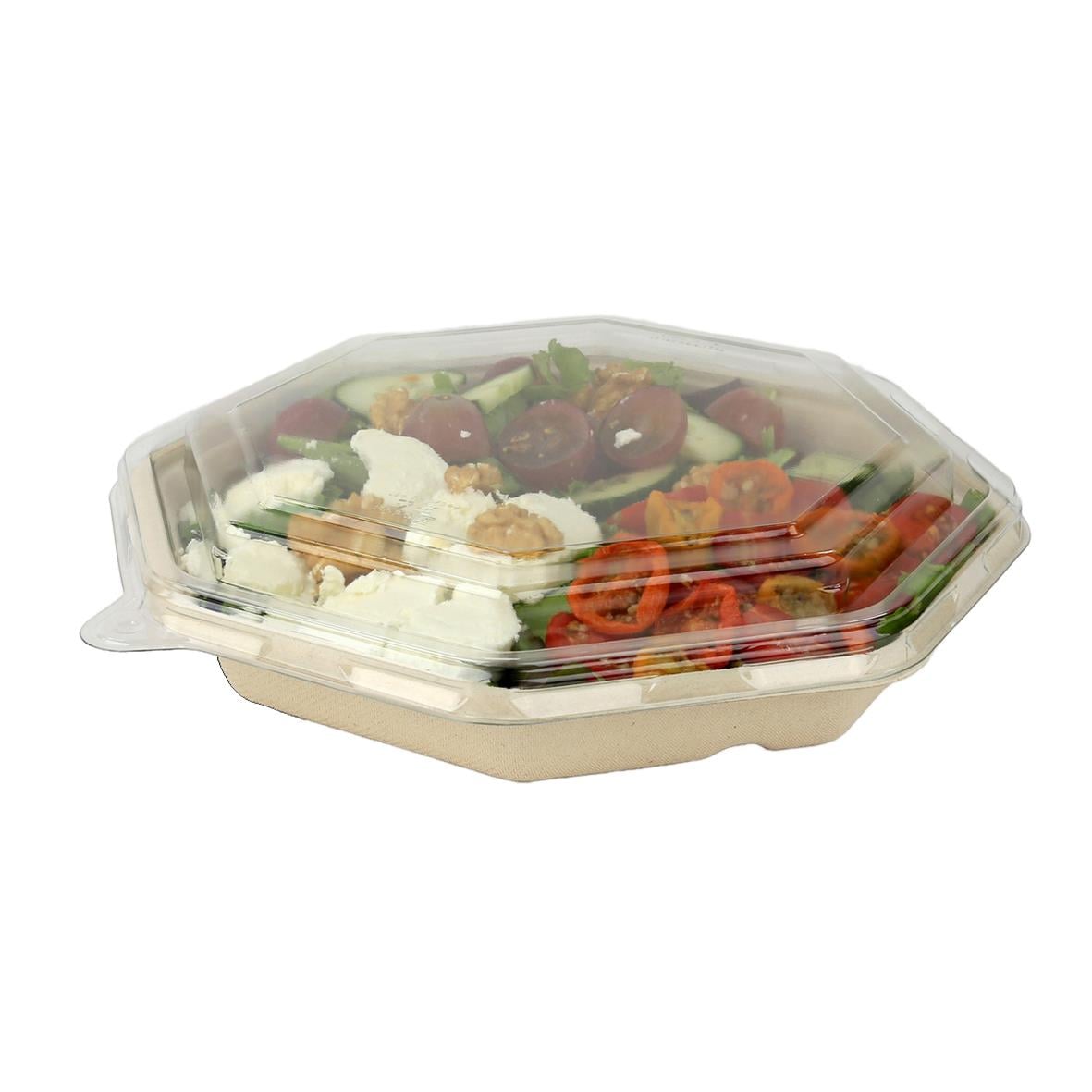 Ovalt sallads- eller matlåda av bärkassematerial med lock, 230x230mm