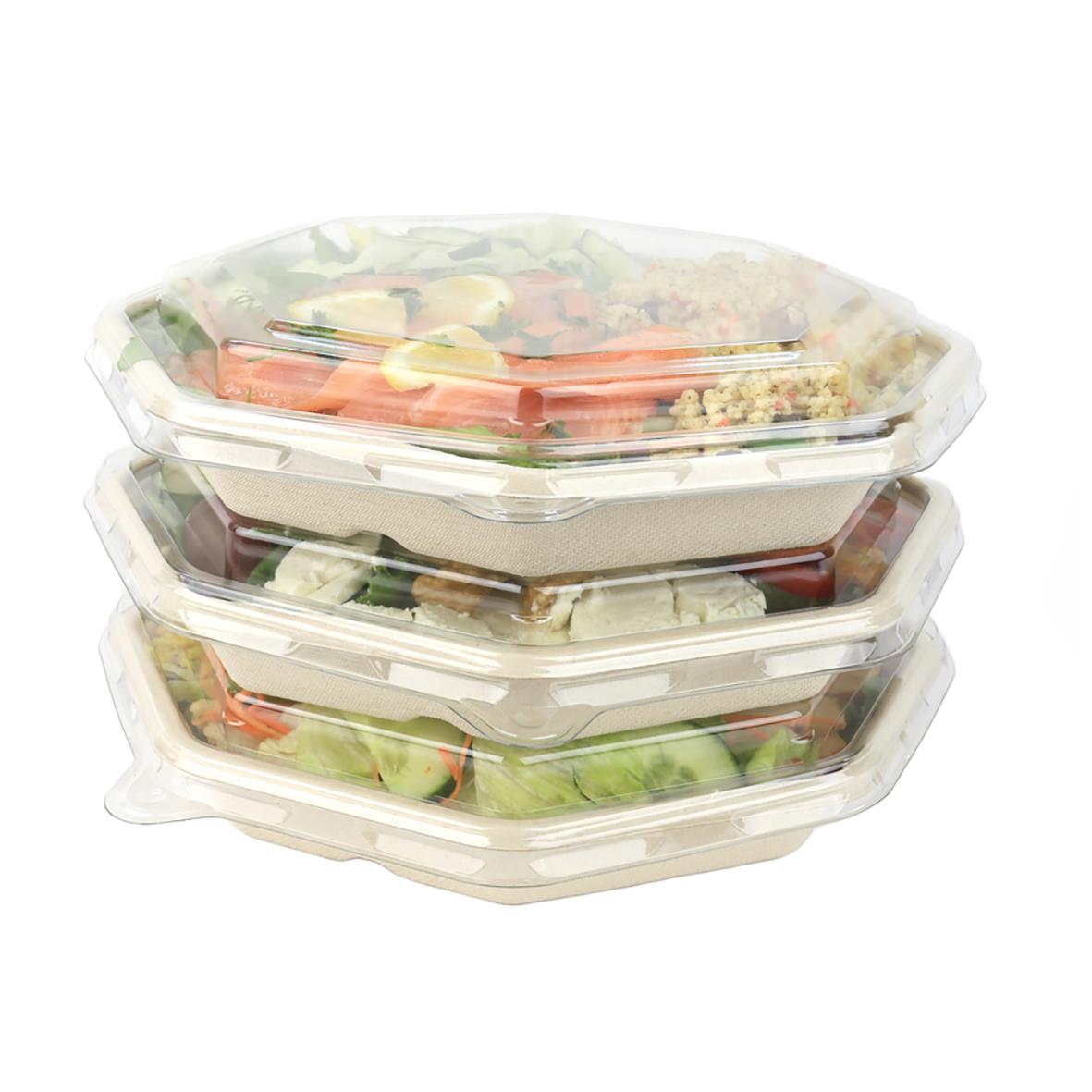 Tre stycken kupollock av bagasse med octagonform och måtten 230x230mm, staplade på varandra