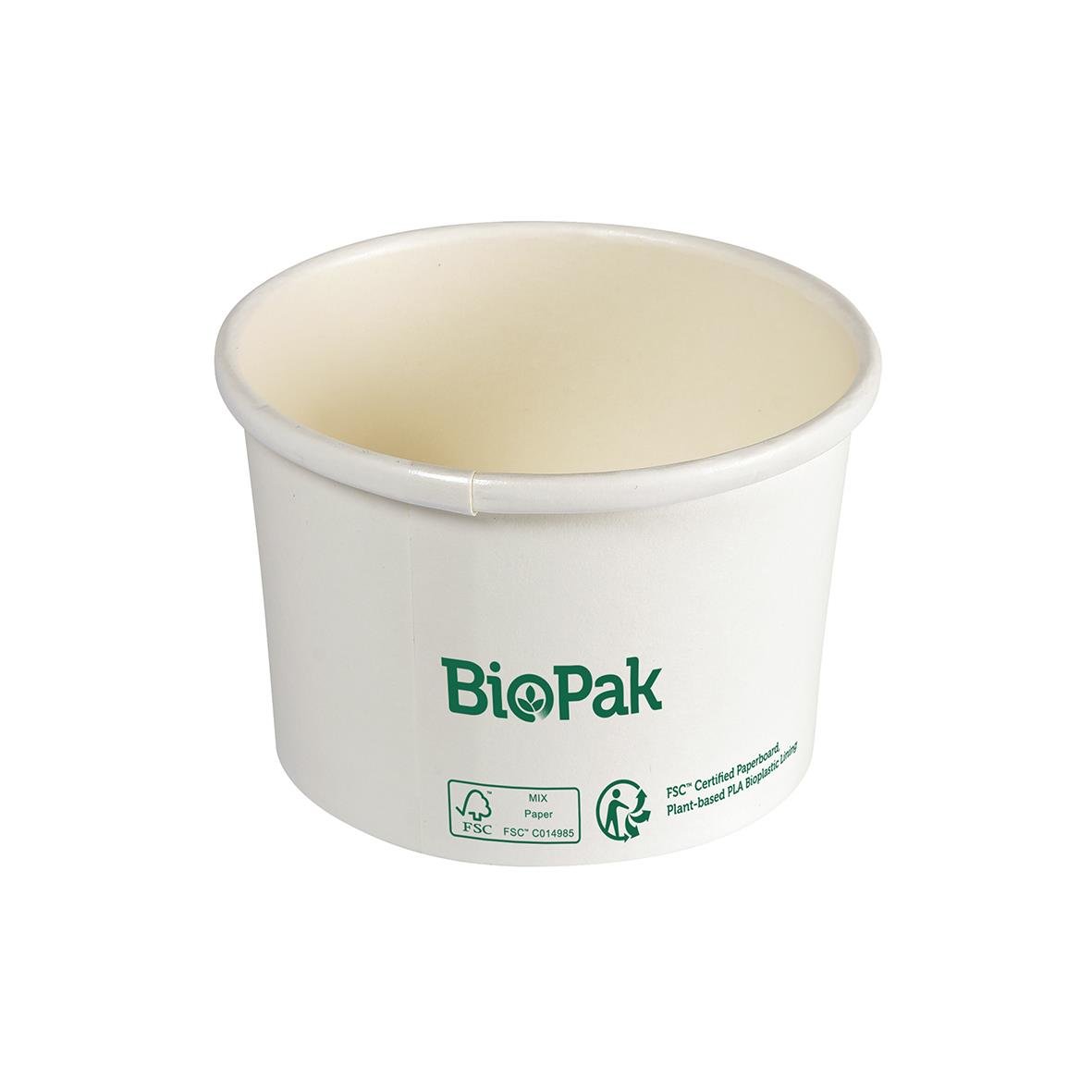 Vit pappersbägare Duni Ronda Short 240ml med Biopak-märkning