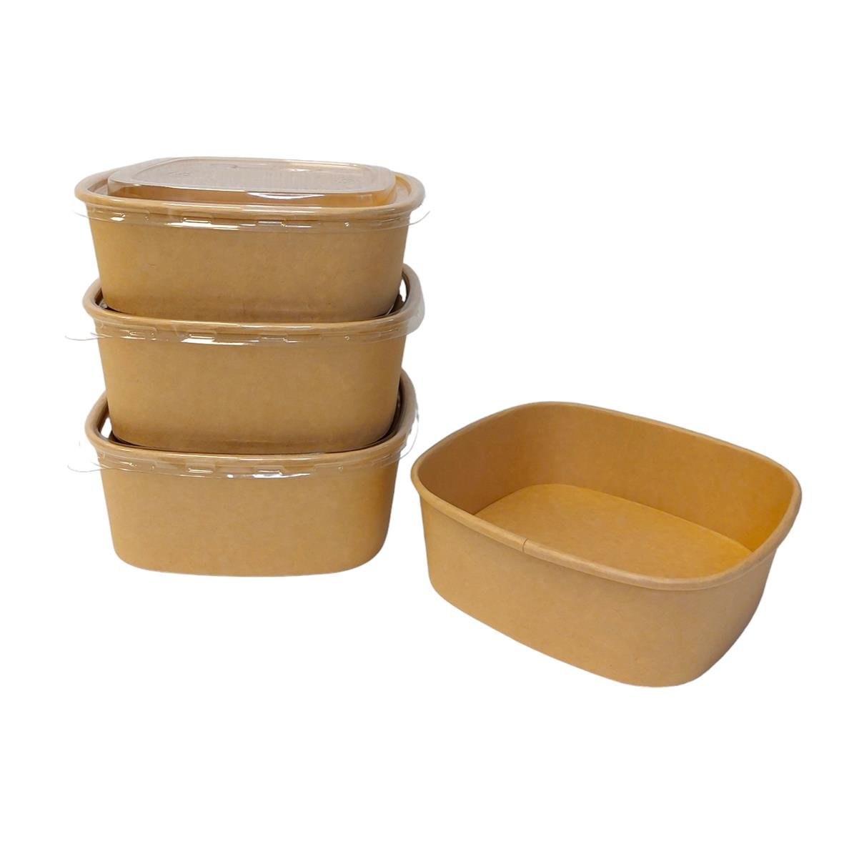 Fyra bruna pappersformar i kartong med lock och en utan lock, storlek 168x168x65mm, 1200ml