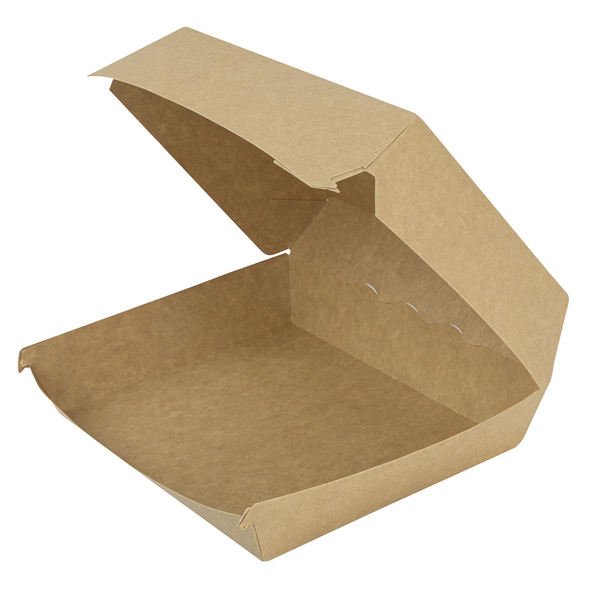 Brun take away-hämtbox i kartong med öppnad lock och botten