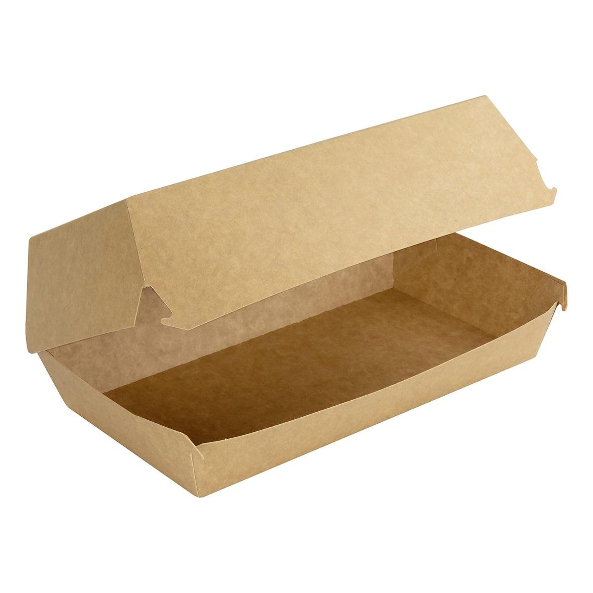 Brun hämtbox av papper med öppnad lock, mått 195x105x80mm
