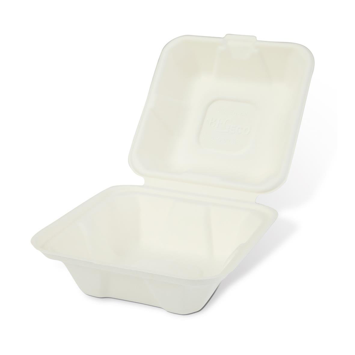 Vit träfiber hamburgerbox med lock, mått 145x145x70mm
