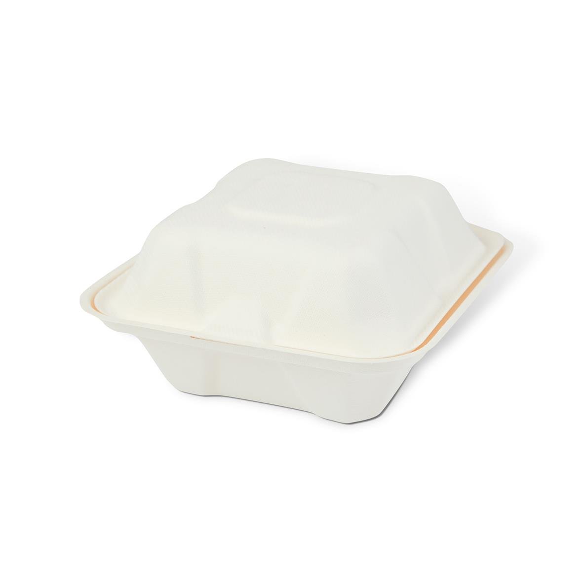 Vit träfiber hamburgerbox med lock, mått 145x145x70mm, miljövänlig och hållbar