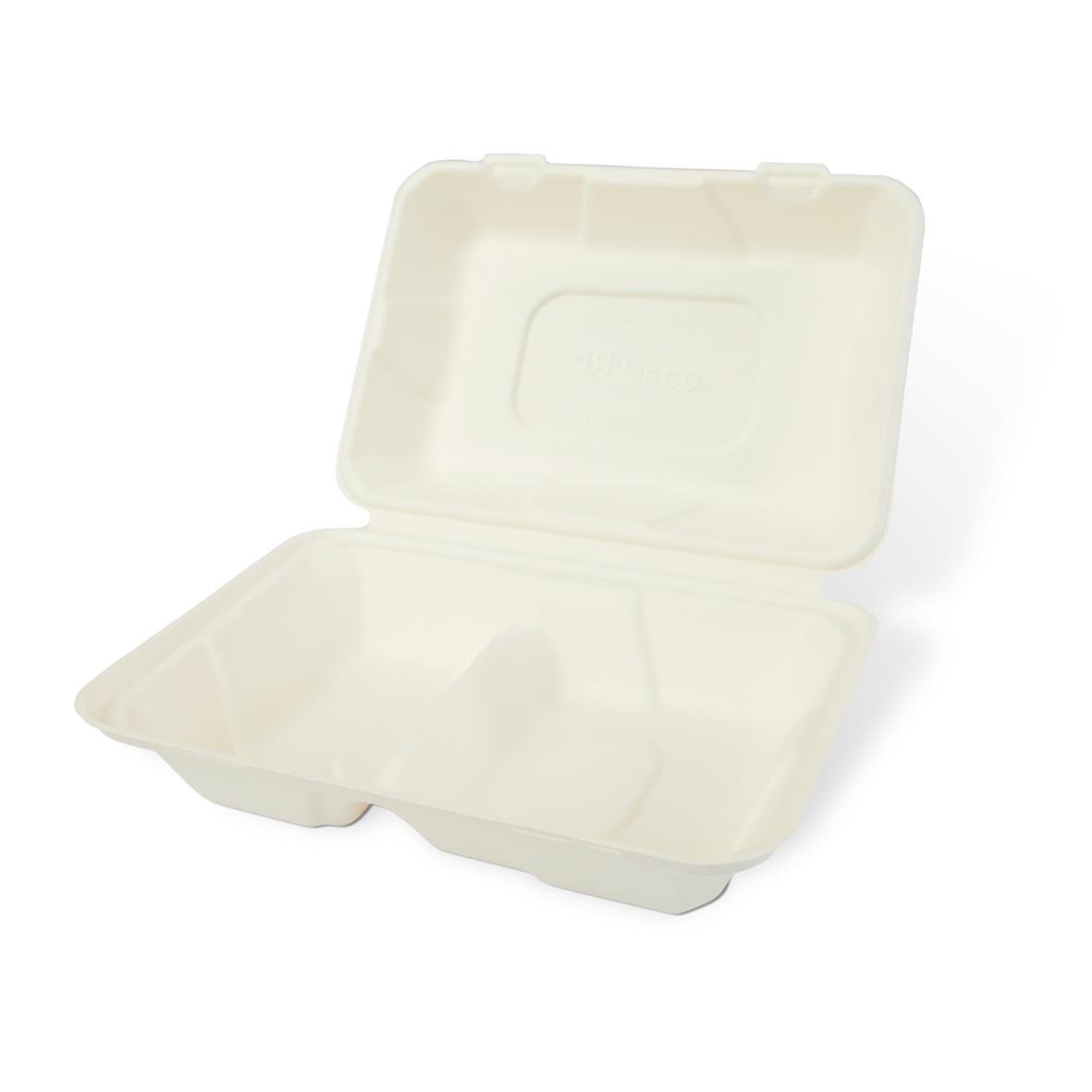 Vit hämtbox av träfiber med två fack och måtten 235x165x75mm, öppnad