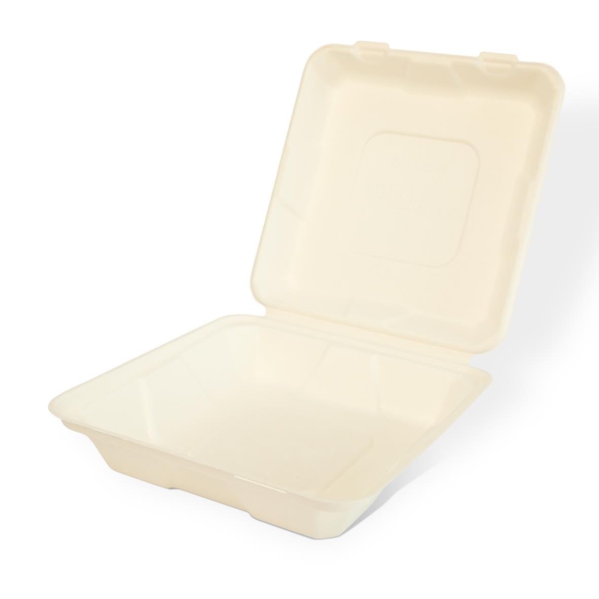 Vit hämtbox av träfiber med 1 fack, mått 215x215x60mm, öppen med lock