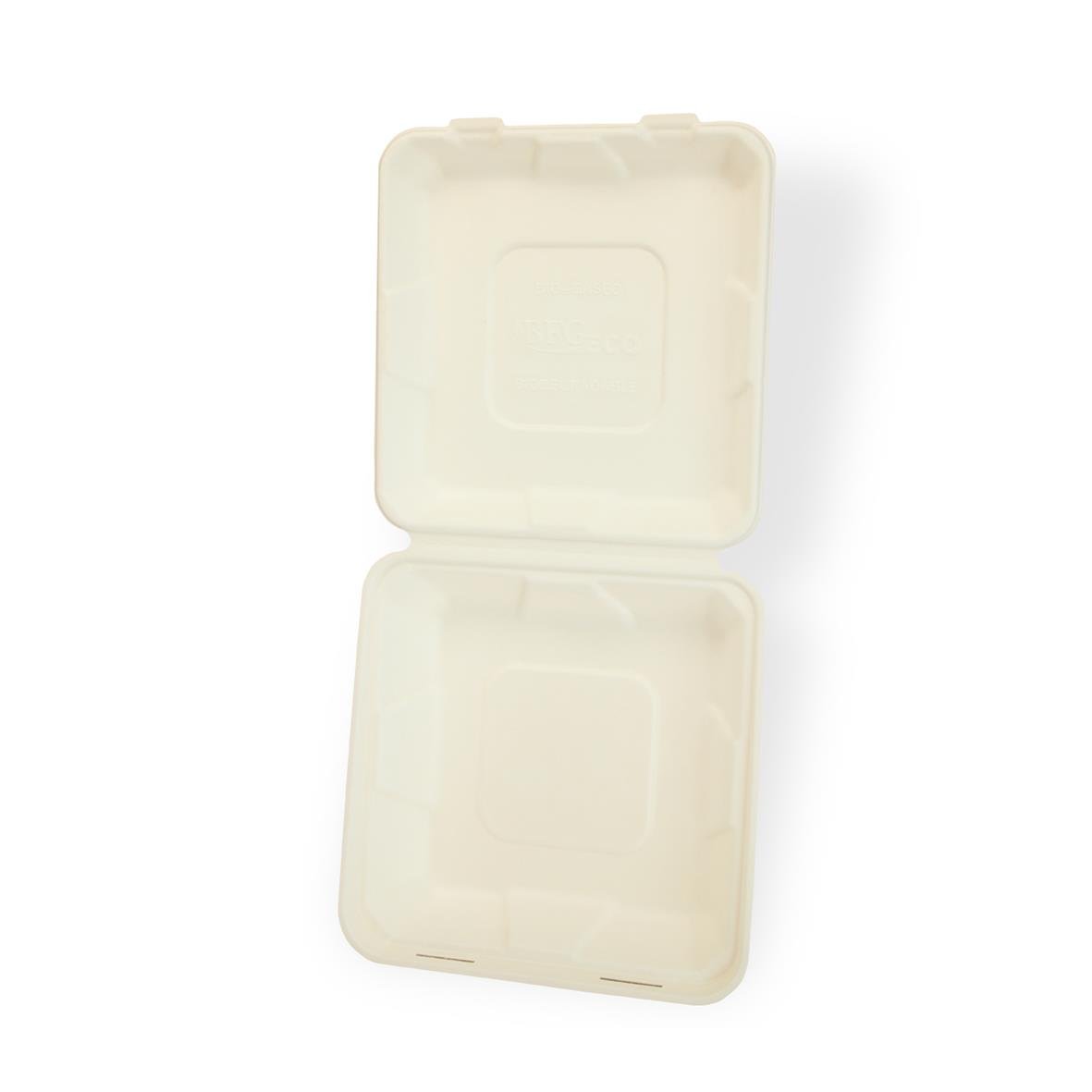 Vit hämtbox av träfiber med 1 fack och måtten 215x215x60mm, öppen