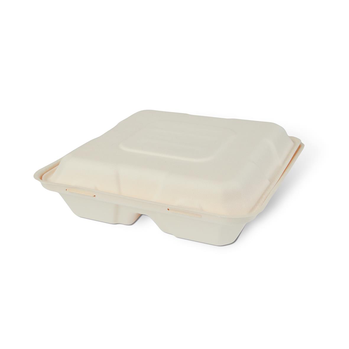Vit hämtbox av träfiber med 2 fack och lock, mått 215x215x60mm