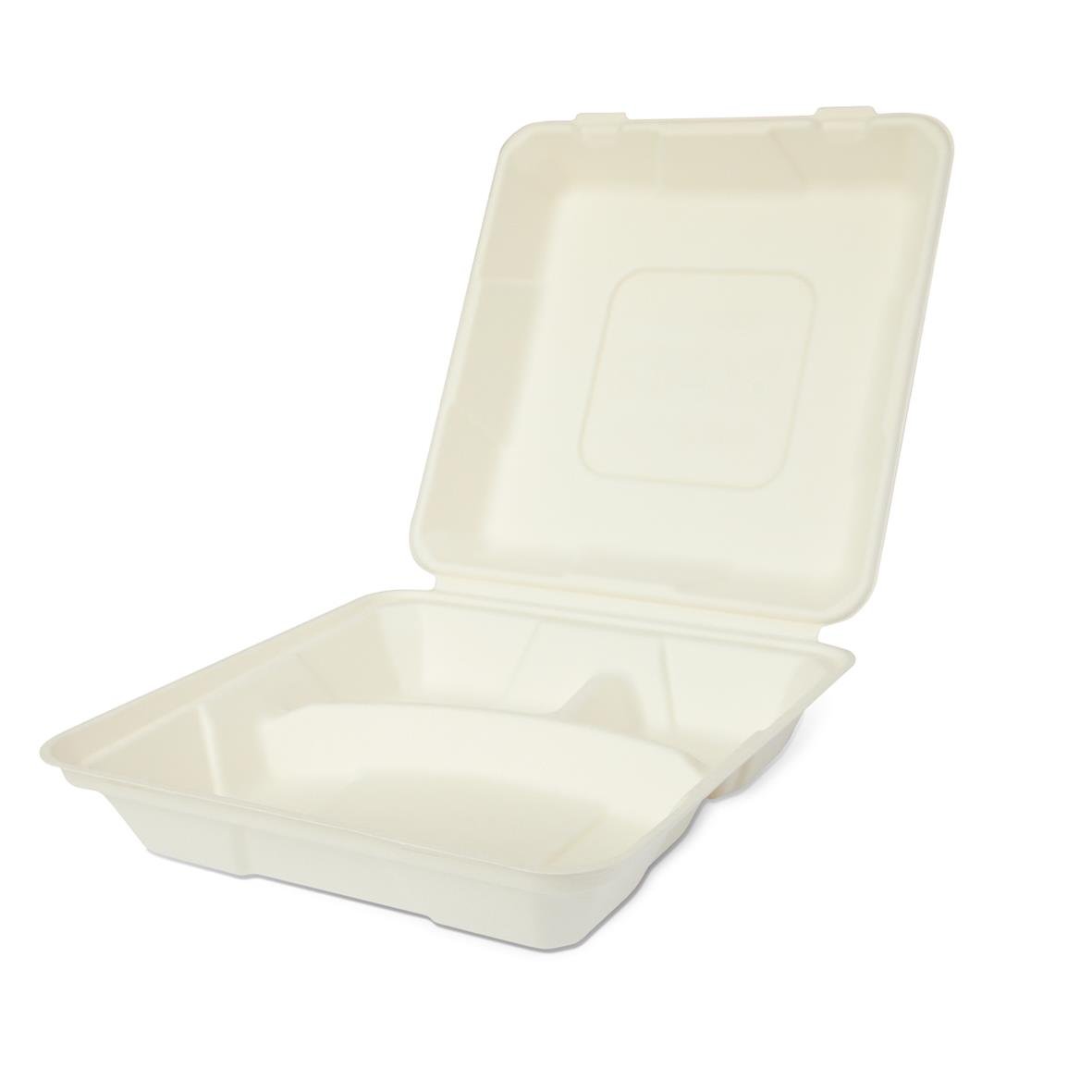 Vit hämtbox av träfiber med 3 fack och lock, mått 215x215x60mm