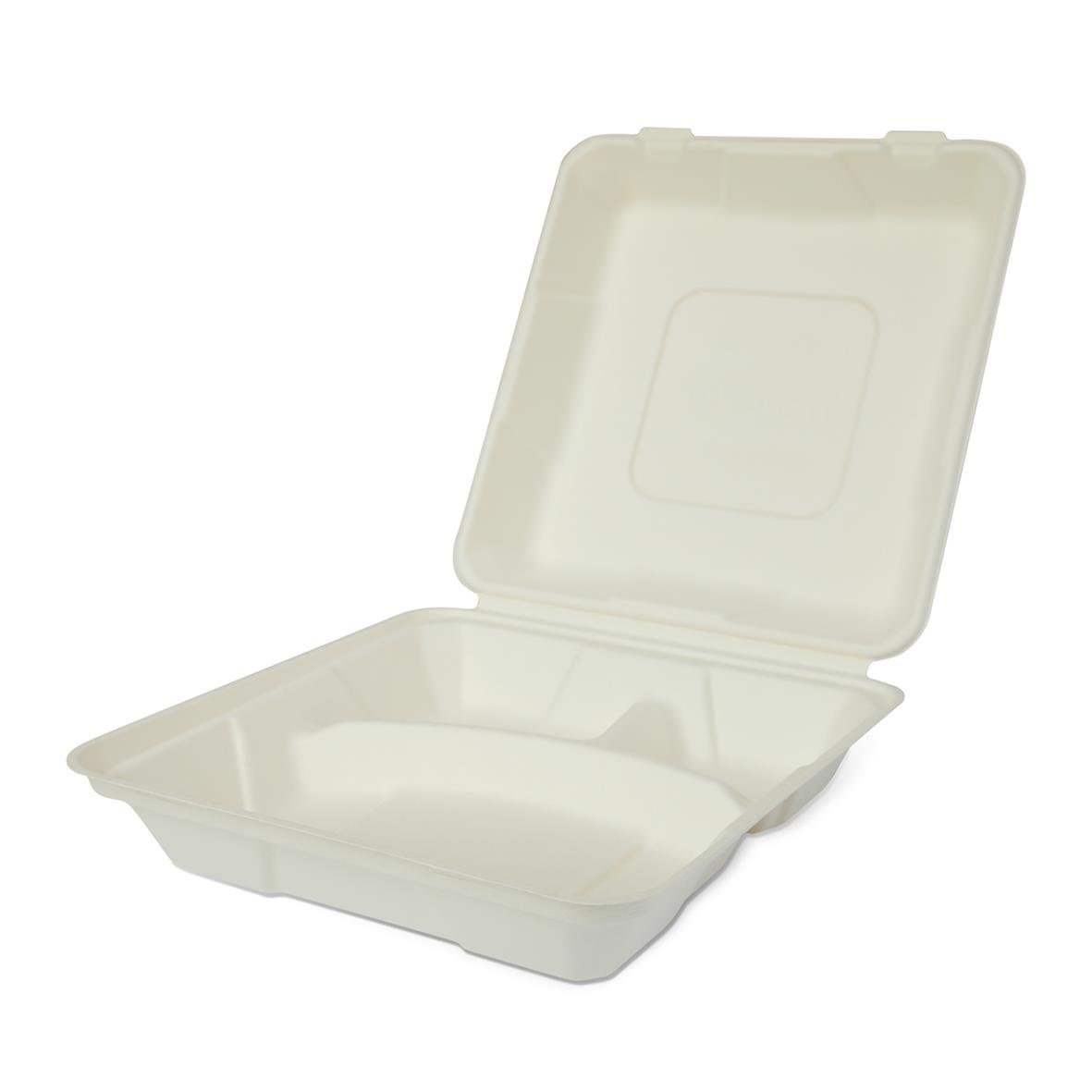 Vit hämtbox i träfiber med 3 fack och lock, mått 245x245x75mm