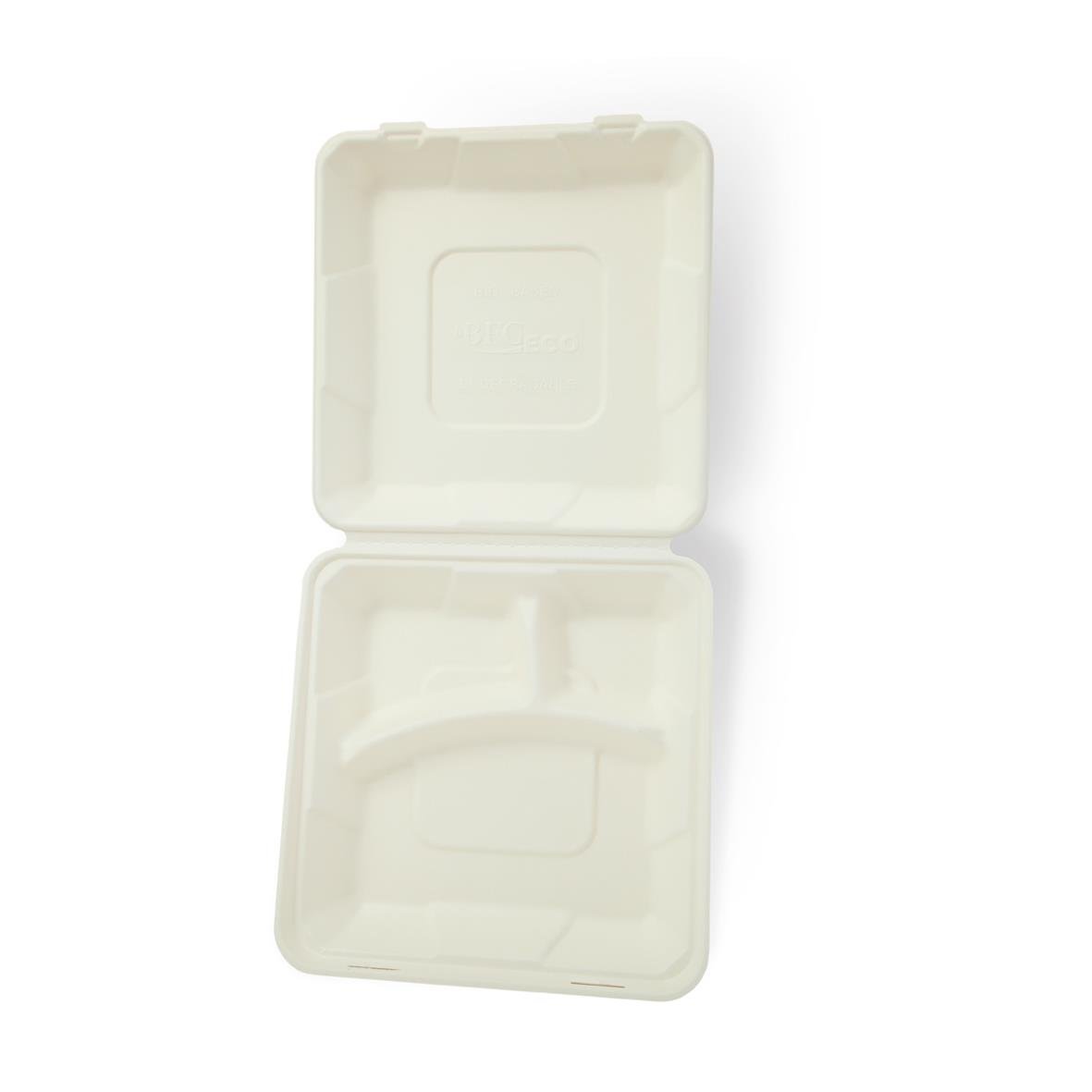 Vit hämtbox i träfiber med 3 fack och måtten 245x245x75mm, öppen