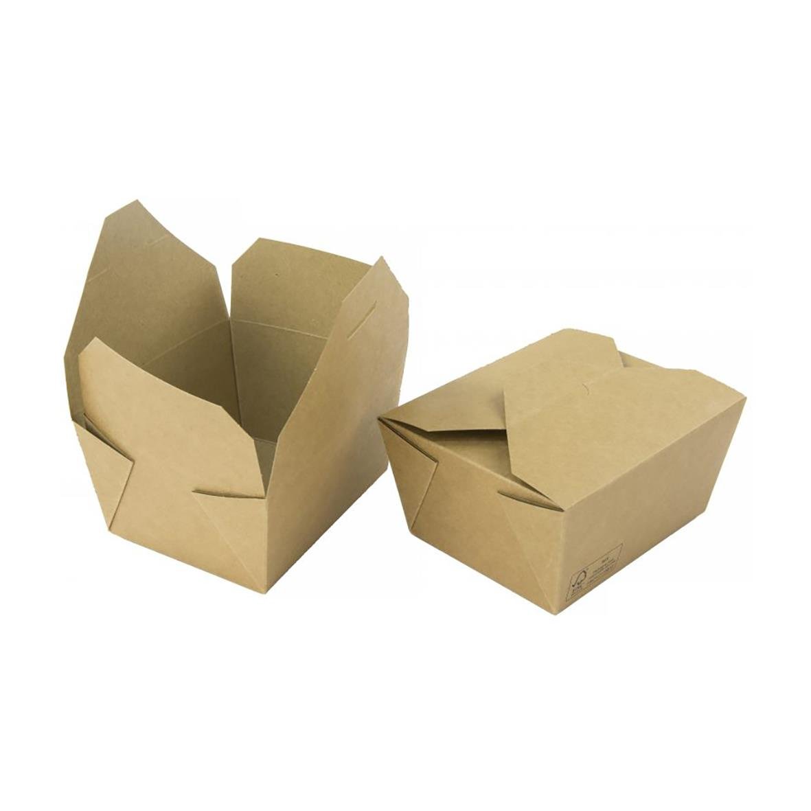 Två bruna matlådor av kartong, en öppen och en stängd, med måtten 90x90x52mm och 400ml