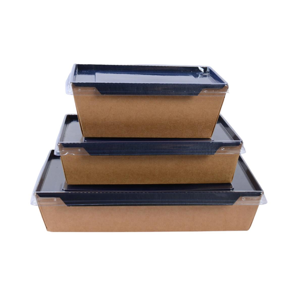 Tre pappersformar med lock i brun och svart färg, storlek 200x140x50mm