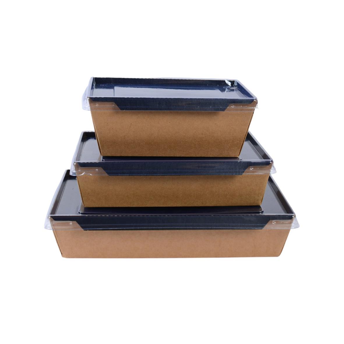 Tre pappersformar i brunt och svart plast med lock i olika storlekar