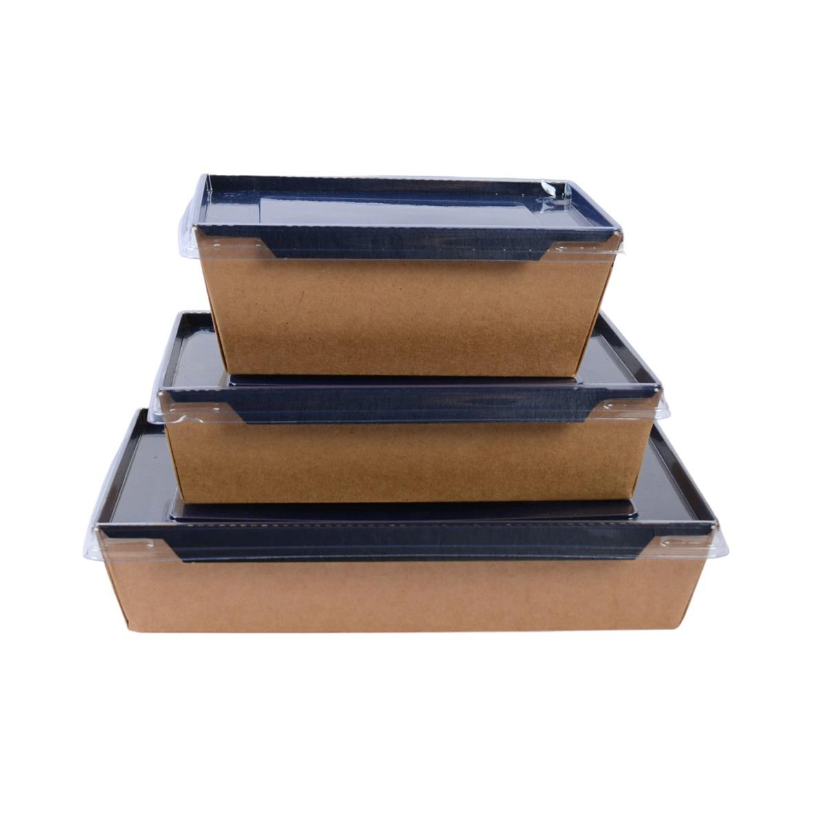 Tre pappersformar med lock i brunt och svart, storlek 170x120x45mm