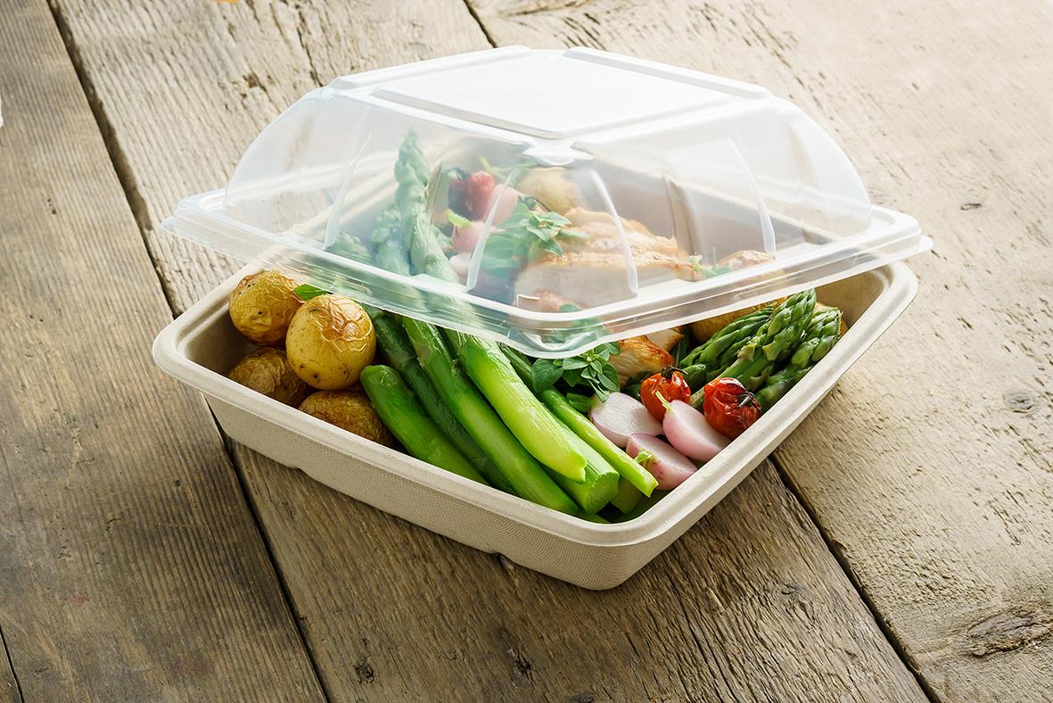 Biologiskt nedbrytbar matlåda av bagasse med lock, fylld med sallad och grönsaker, storlek 1400ml, 230x230x40mm