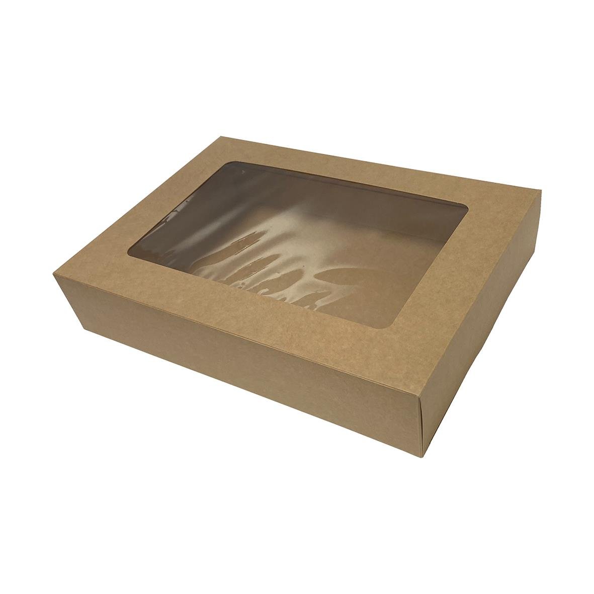 Brun cateringkartong med fönster och genomskinlig plastlock, 36x26x7cm