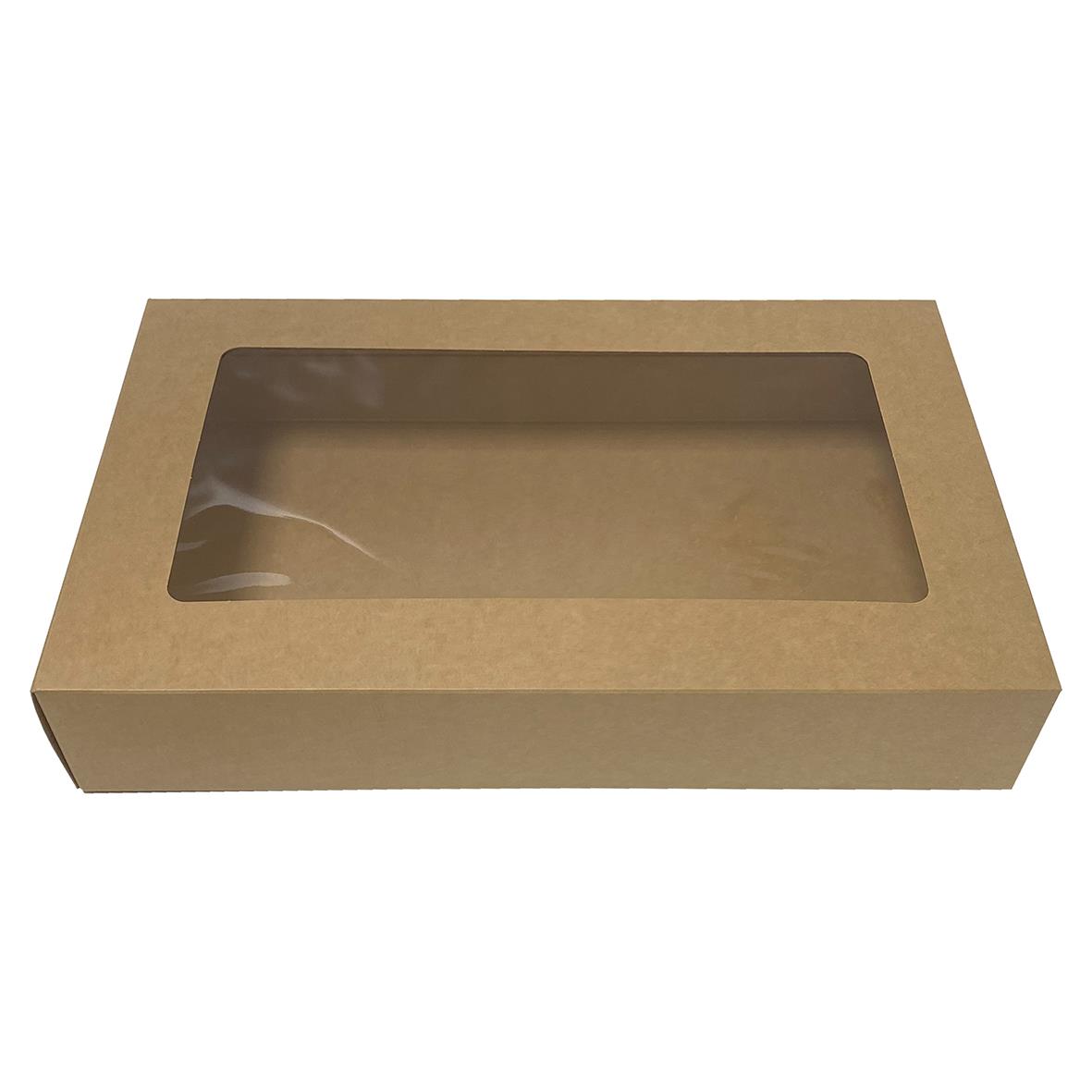 Brun cateringkartong med fönster och genomskinlig plast, mått 47x27x7cm
