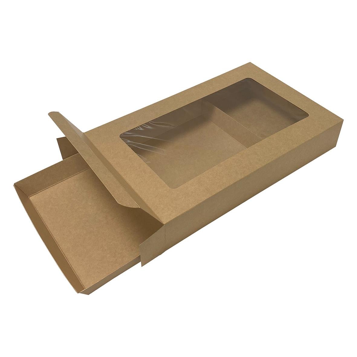 Brun cateringkartong med fönster och lock, storlek 47x27x7cm