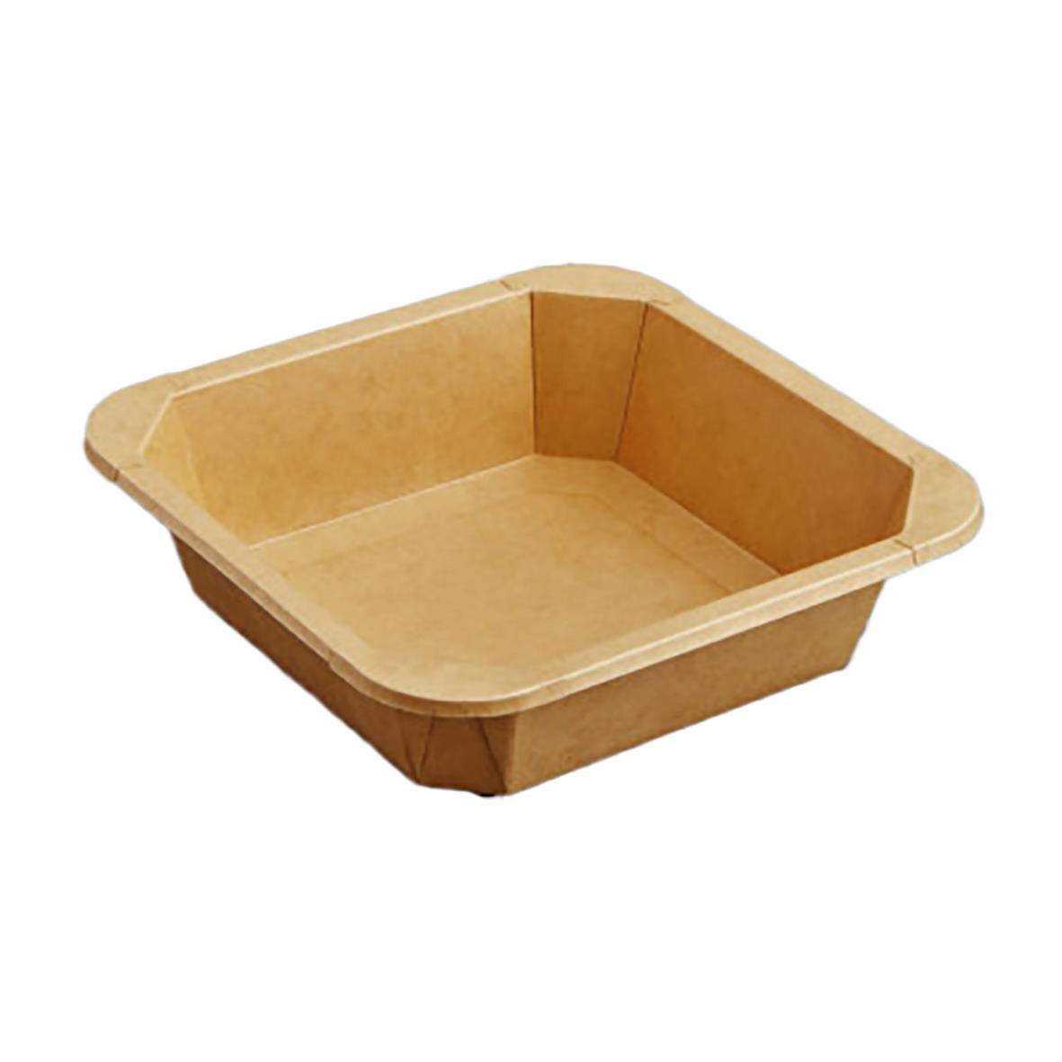 En tom, fyrkantig papperslåda med rundade hörn och höga sidor