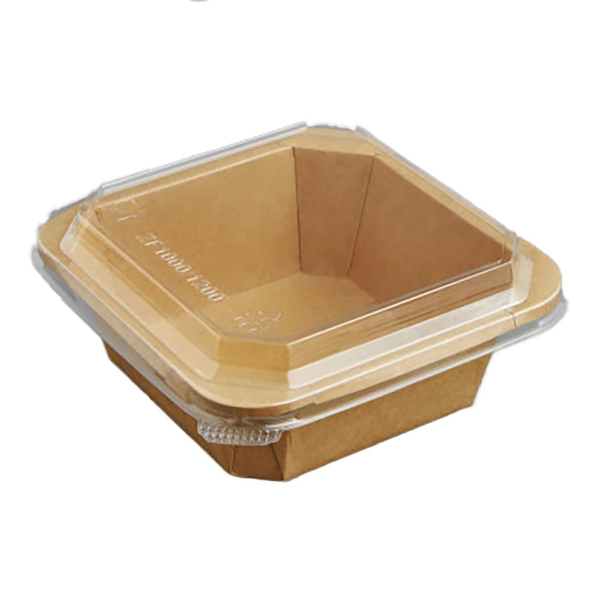 En fyrkantig matlåda av trä med genomskinlig plastlock