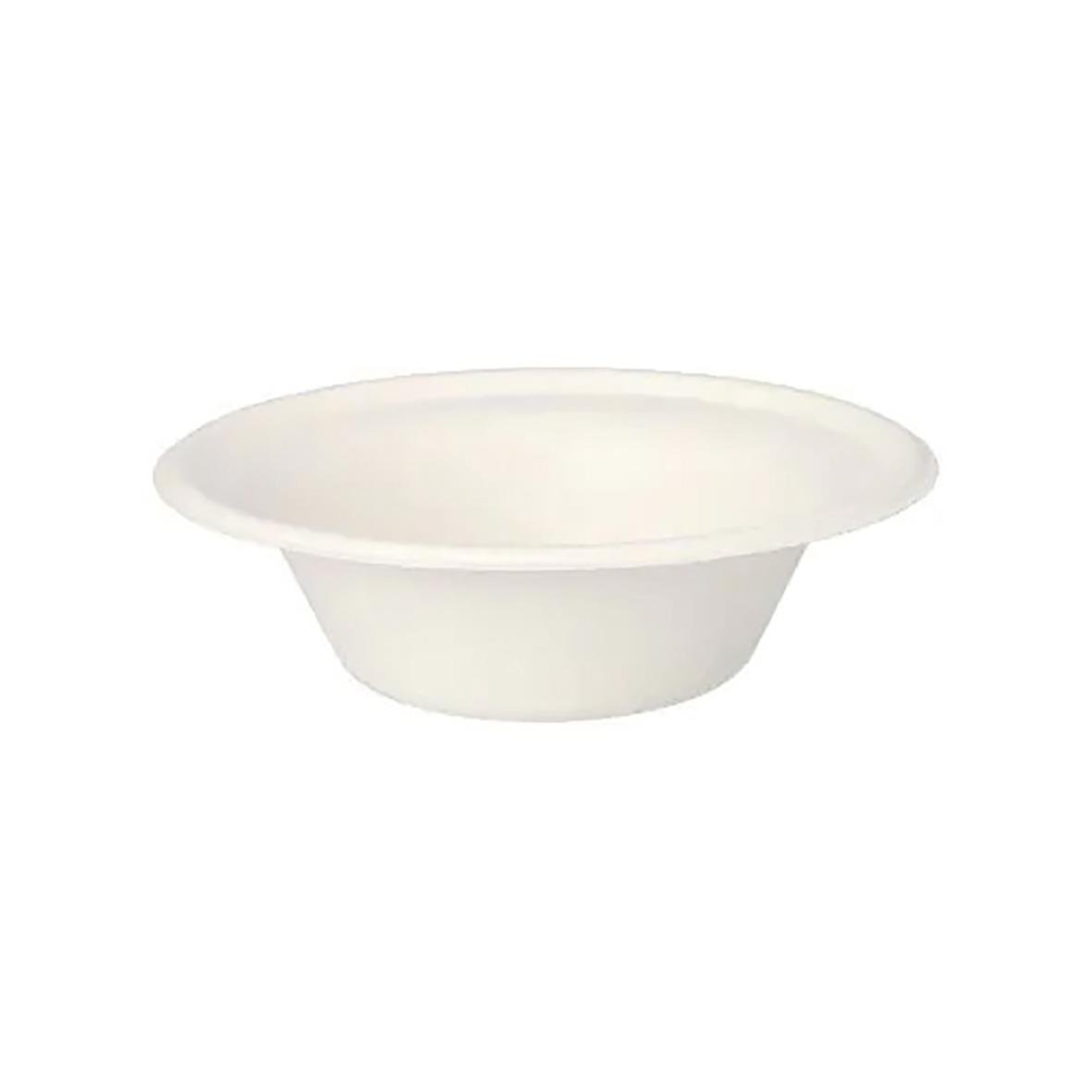Vit rund skål av bagasse med diameter 155 mm och höjd 46 mm, volym 380 ml
