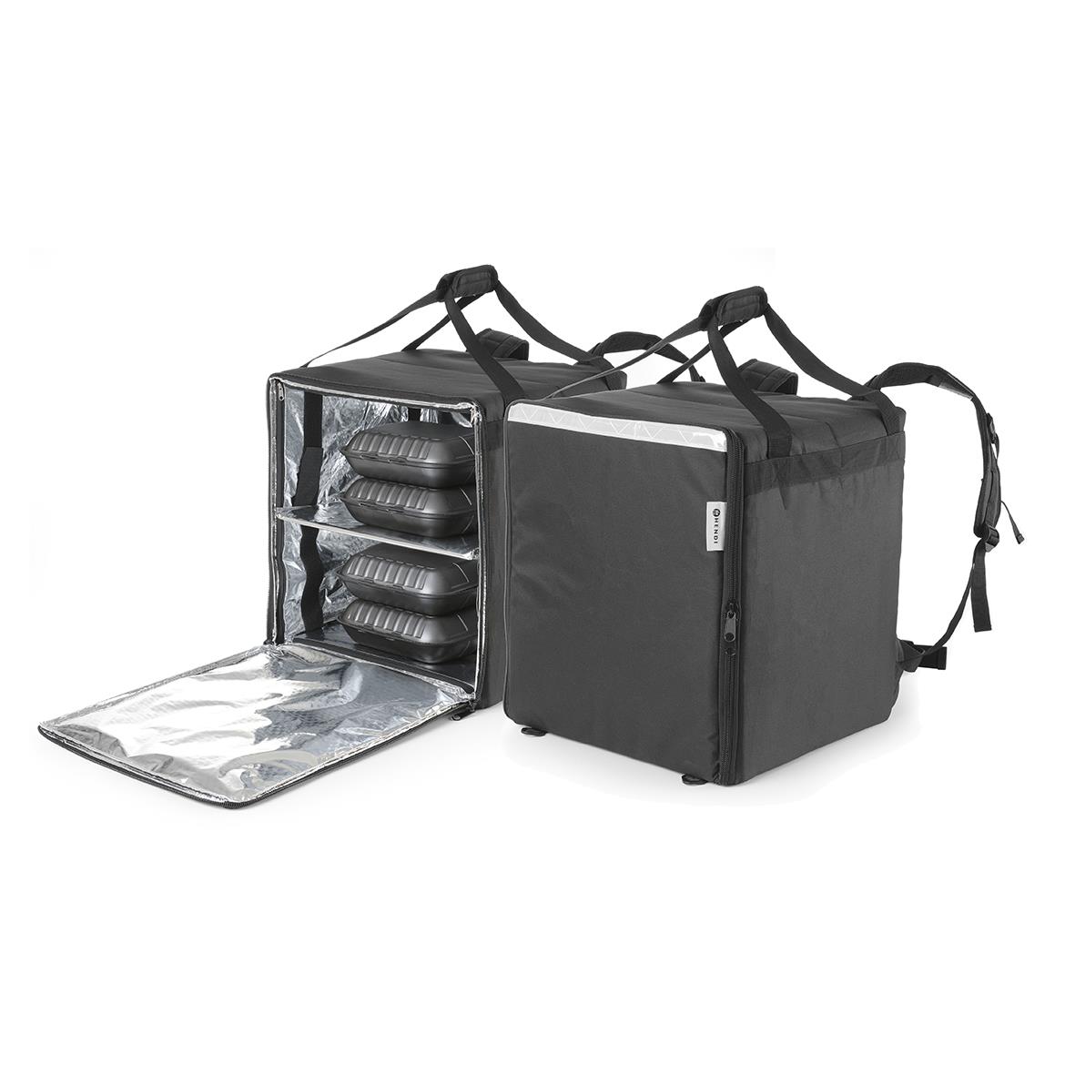 Termoväska eller ryggsäck i svart med isolerad insida och plats för matlådor, mått 410x410x480mm