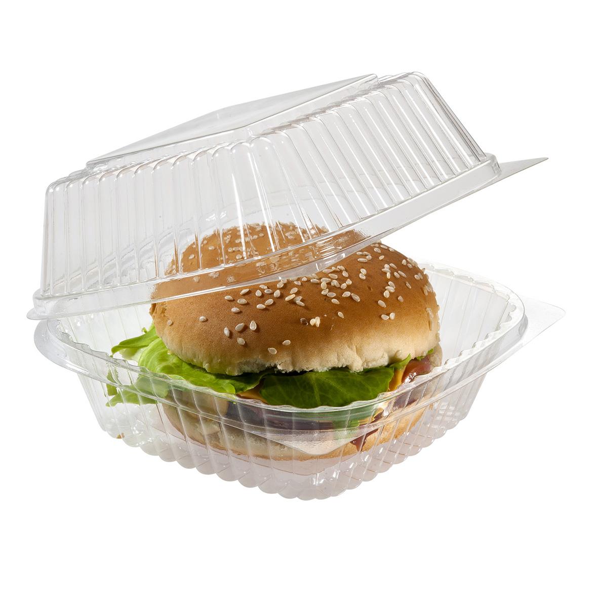 Tydlig hamburgerlåda i plast med lock, mått 130x130x6mm, innehåller en hamburgare med sallad