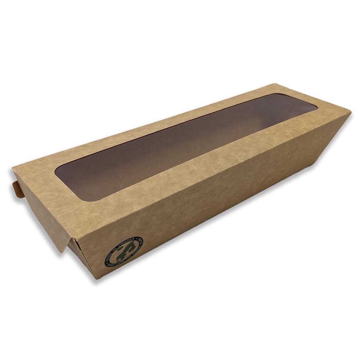 Brunt pappersbagage för baguetter med genomskinligt fönster, storlek 255x60x60mm