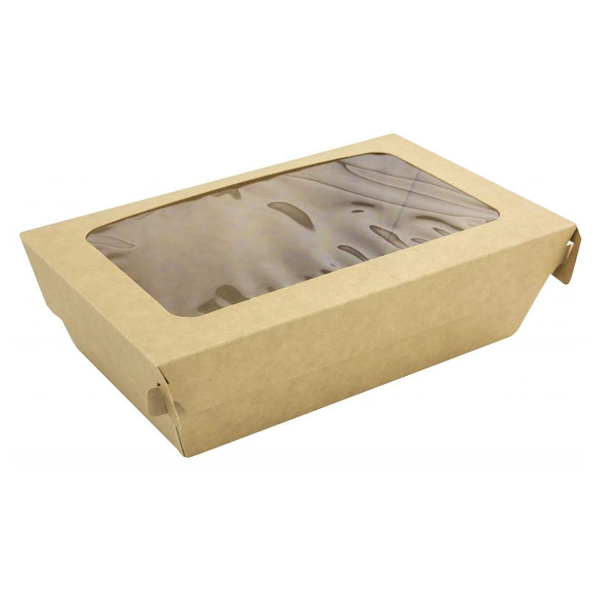 Brun salladsbox med genomskinligt lock i kartong, mått 165x100x58mm