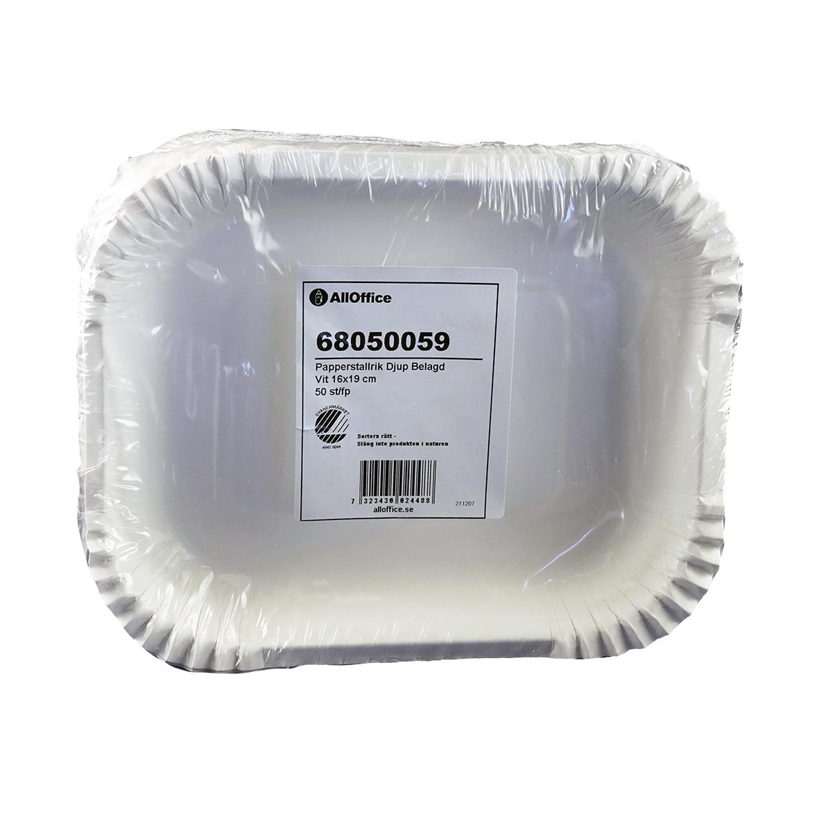 Djup belagd vit papperstallrik från AllOffice, 16x19cm, i plastförpackning