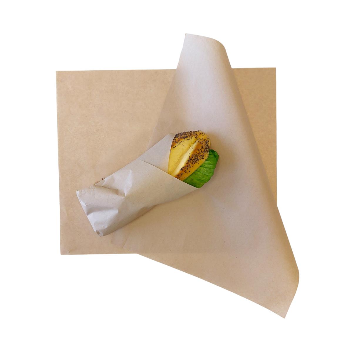 Brunt vaxpapper för wrappar, 330x400mm, med matbit inlindad