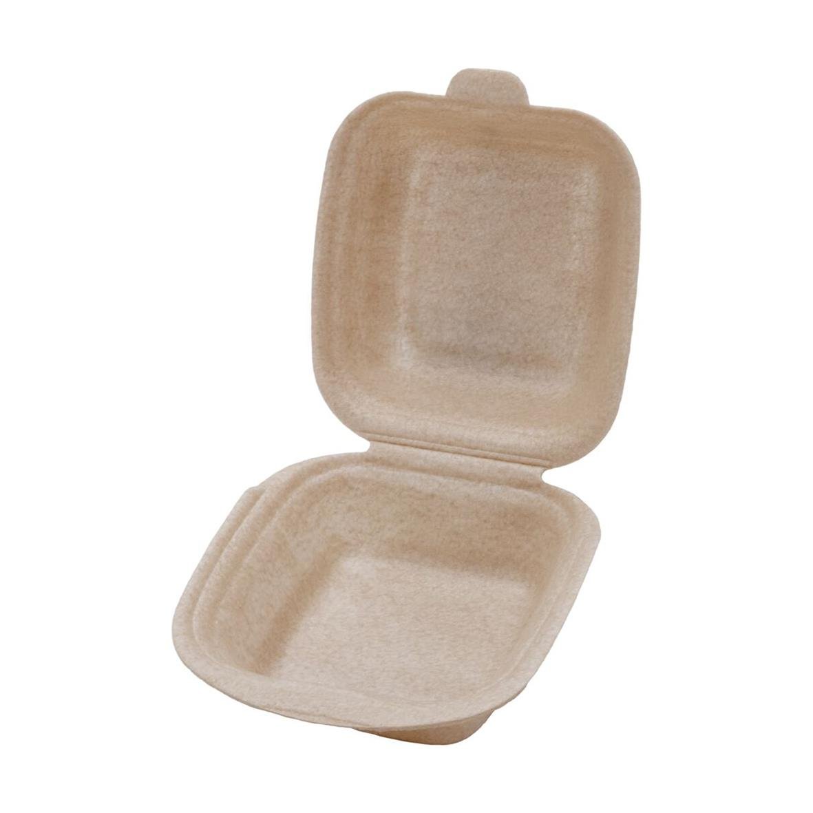 Biologisk nedbrytbar hamburgerbox i naturfärgad kartong, 150x150x80mm, med lock