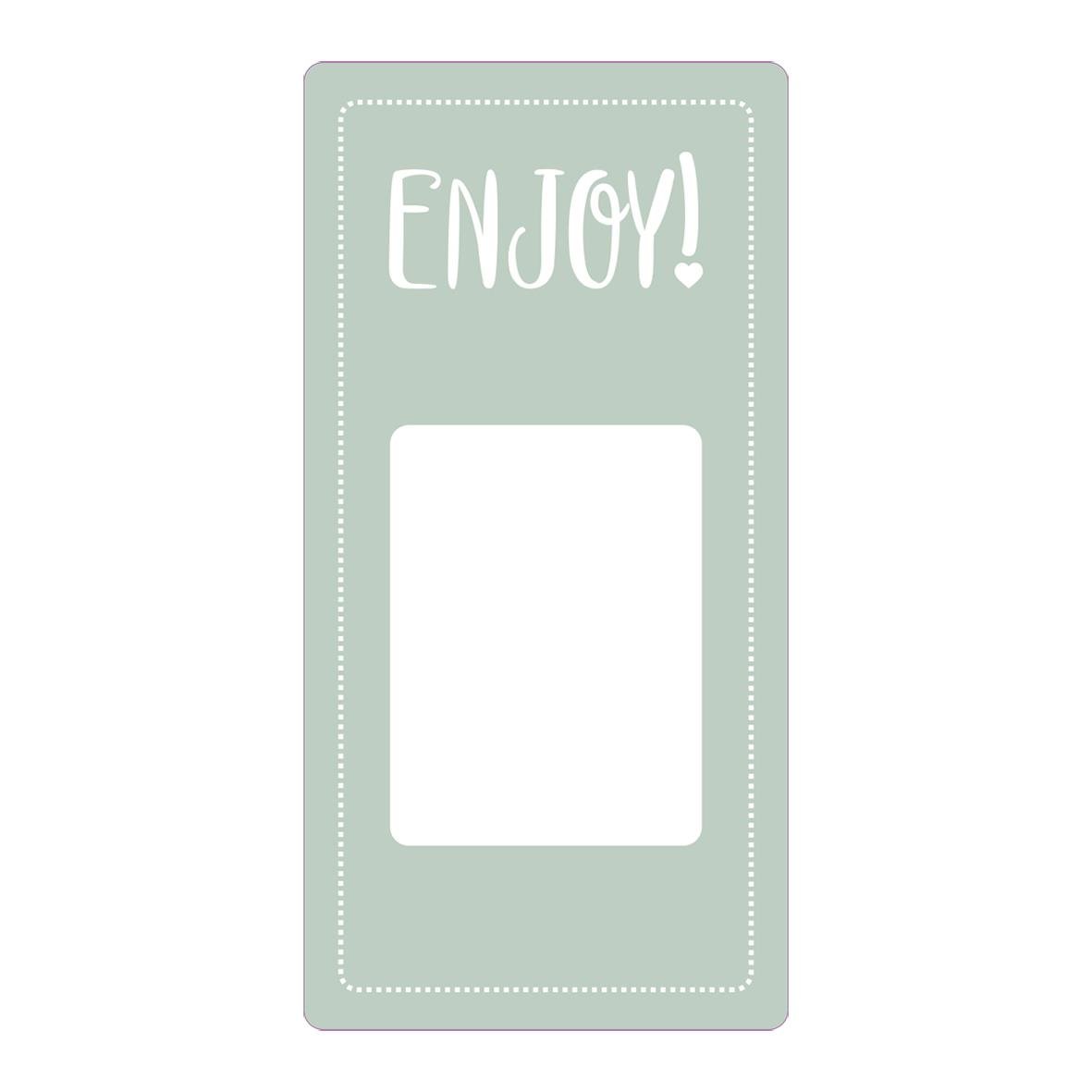 Ljusgrön förseglingsetikett med texten ENJOY! och ett fönster för märkning, storlek 50x100mm