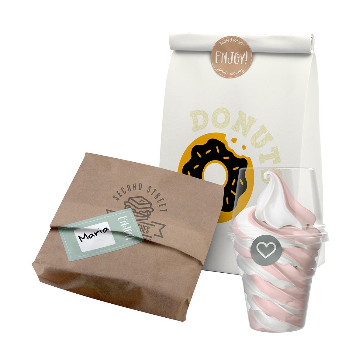 Förseglingsetikett Meto Secure Hjärta Ljusgrön Ø33mm, donutförpackning, papperspåse och glas med rosa och vit maräng