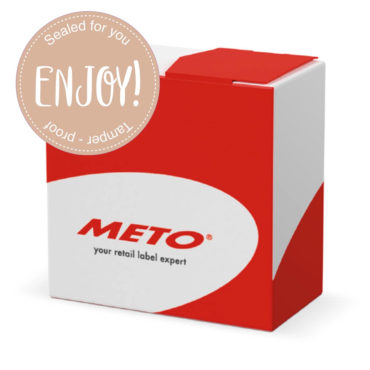 Förseglingsetikett Meto Secure Enjoy! Brun Ø50mm på röd och vit förpackning