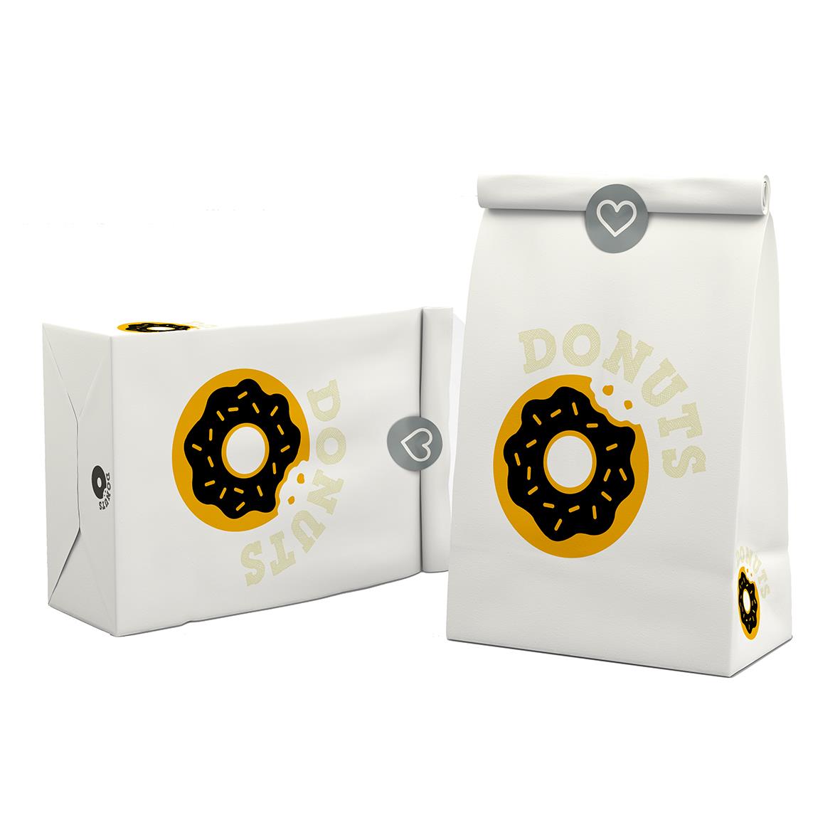 Förseglingsetikett Meto Secure med donut-illustration och text Donuts, ljusgrå, Ø80mm, på papper och rulle