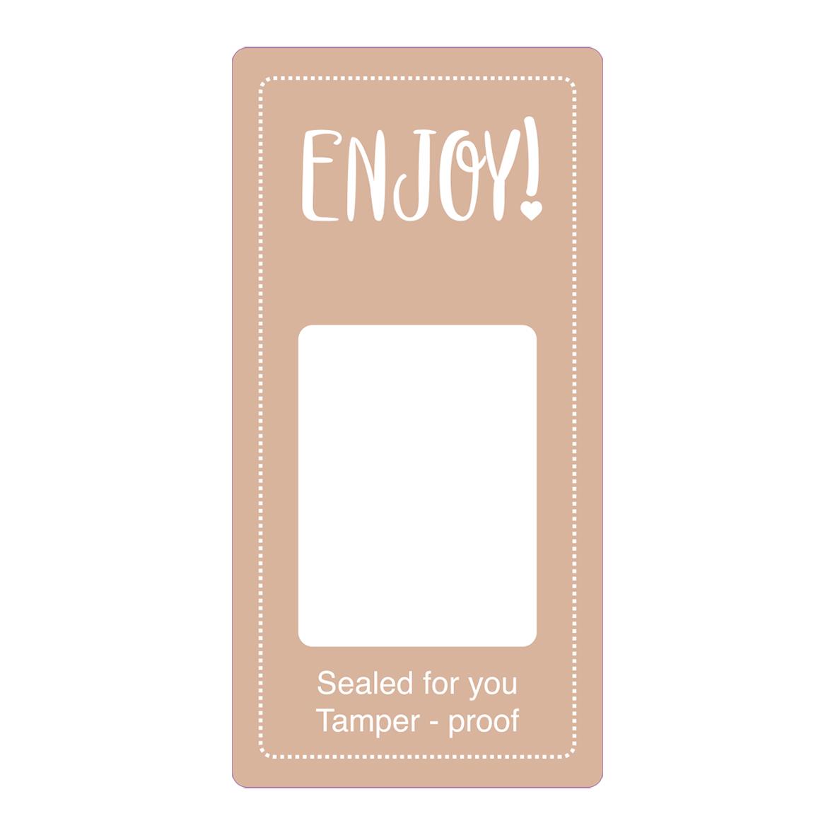 Brun förseglingsetikett med texten ENJOY! och tomt fält för märkning, 50x100mm, tamper-proof