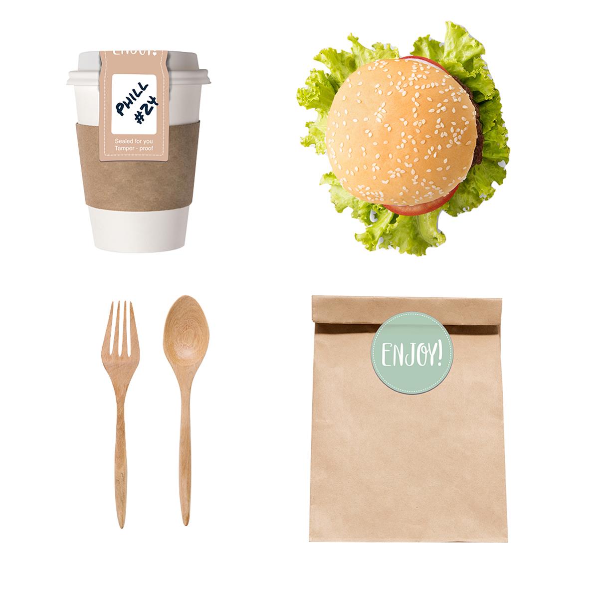 Förseglingsetikett Meto Secure Enjoy! Brun 50x100mm med kaffekopp, hamburgare, bestick och påse