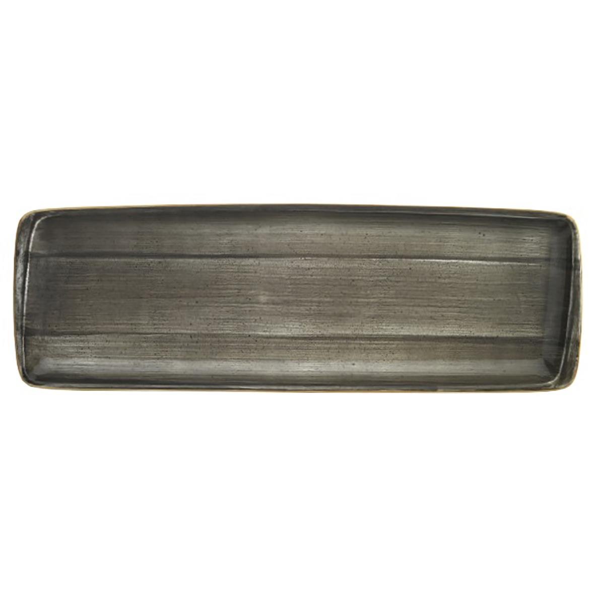 Lång, avlång svart metallskål med släta kanter och en rustik finish