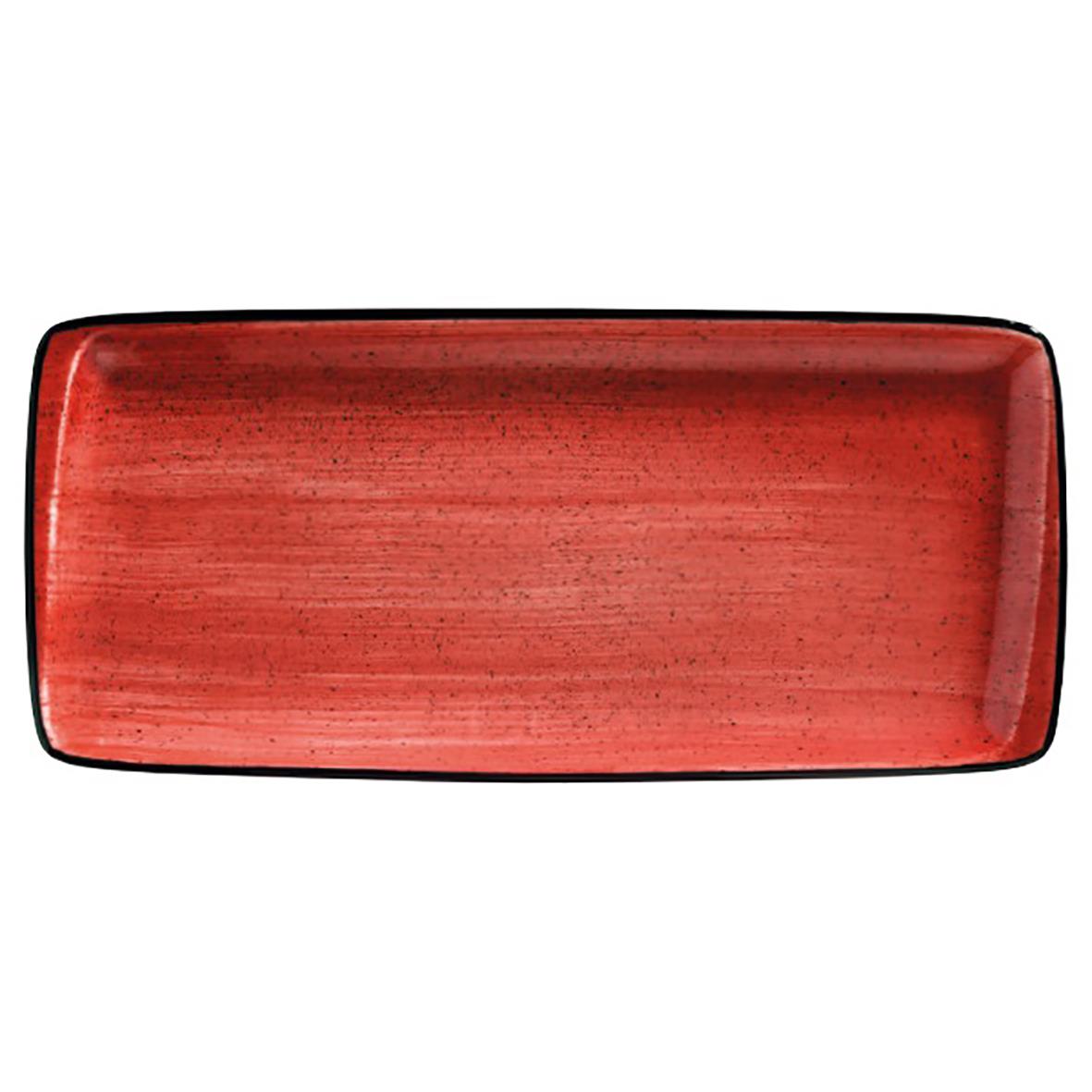 Lång röd rektangulär fat i keramik med texturen Passion 34x16cm
