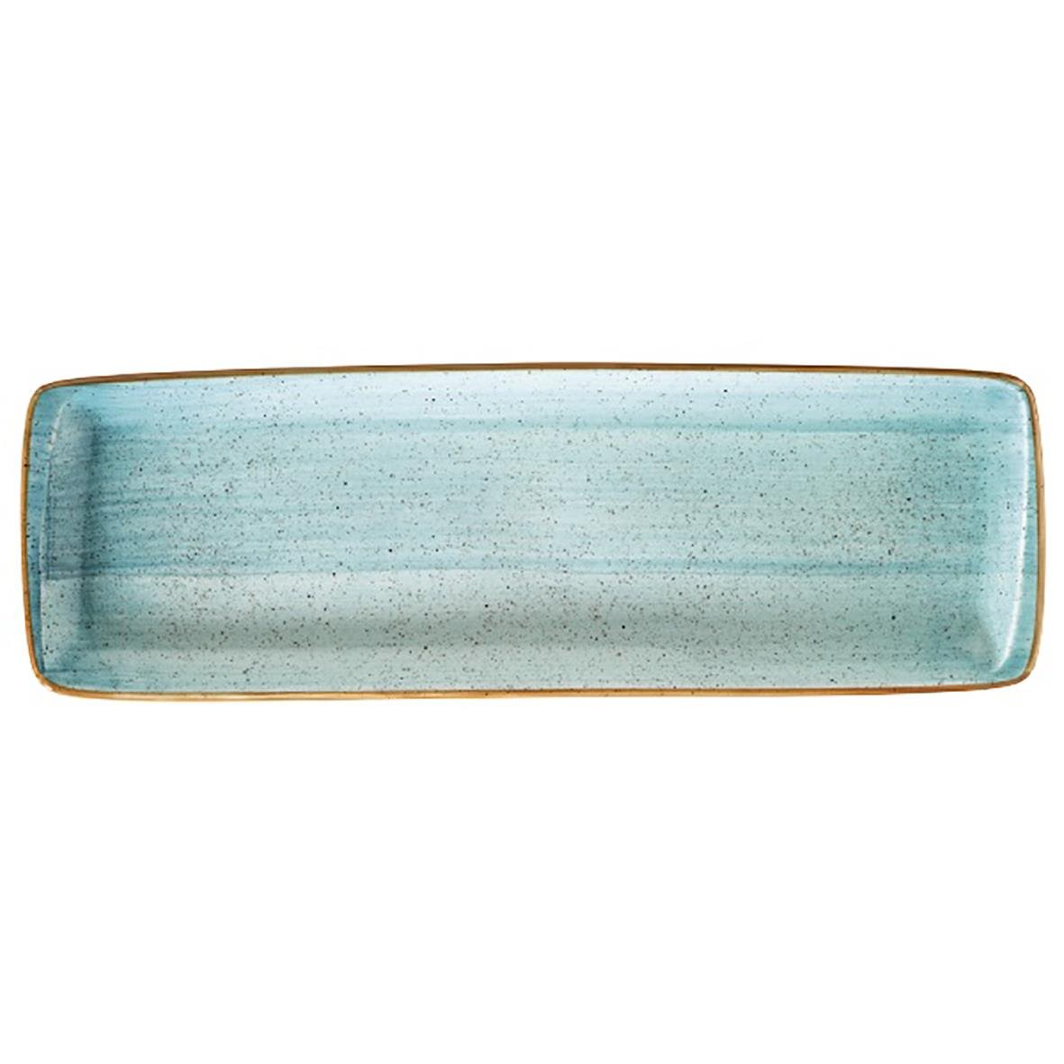 Lång, rektangulär fat i aqua färg med guldkant, mått 48x15cm