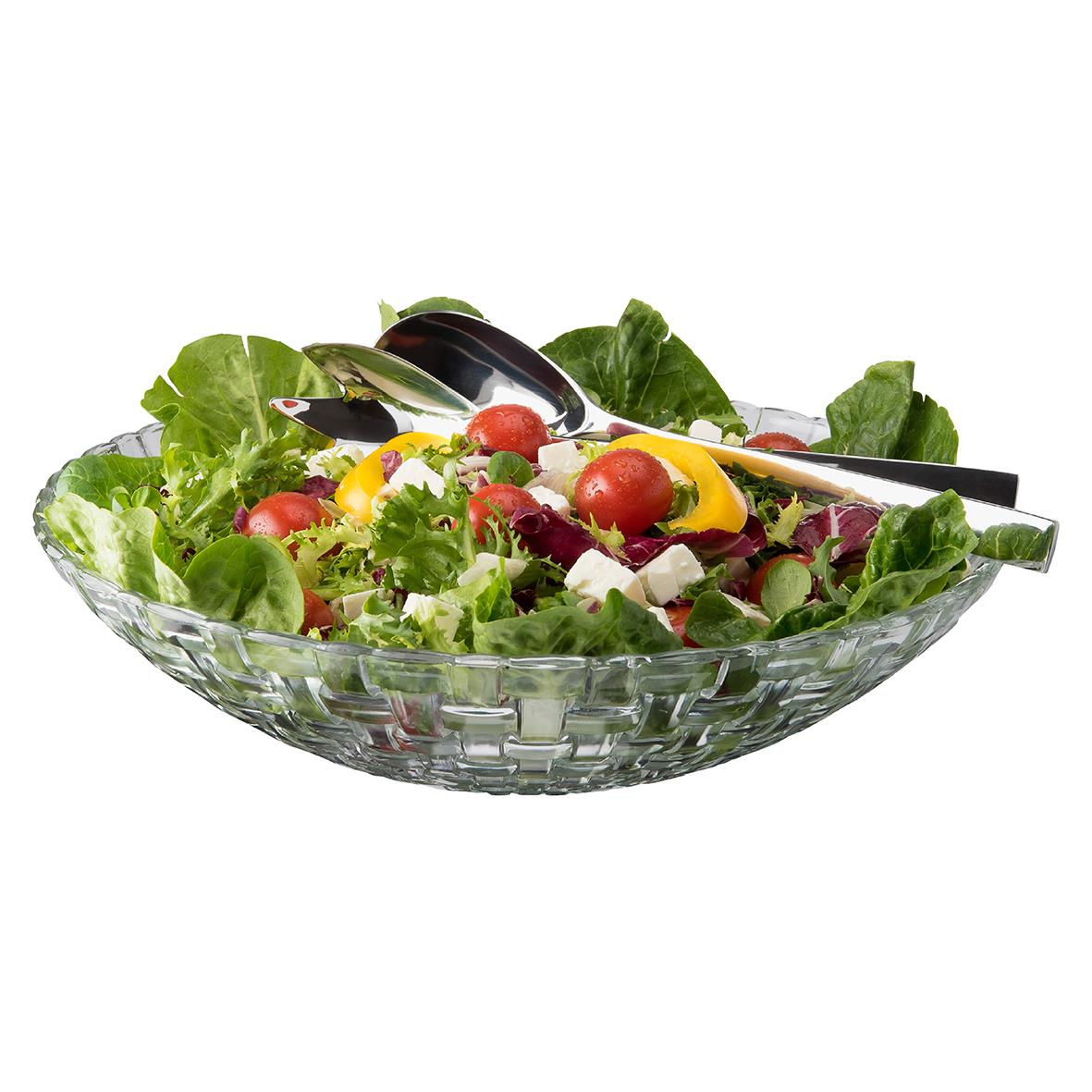 Glas salladsskål med bestick, diameter 32cm, fylld med sallad och grönsaker